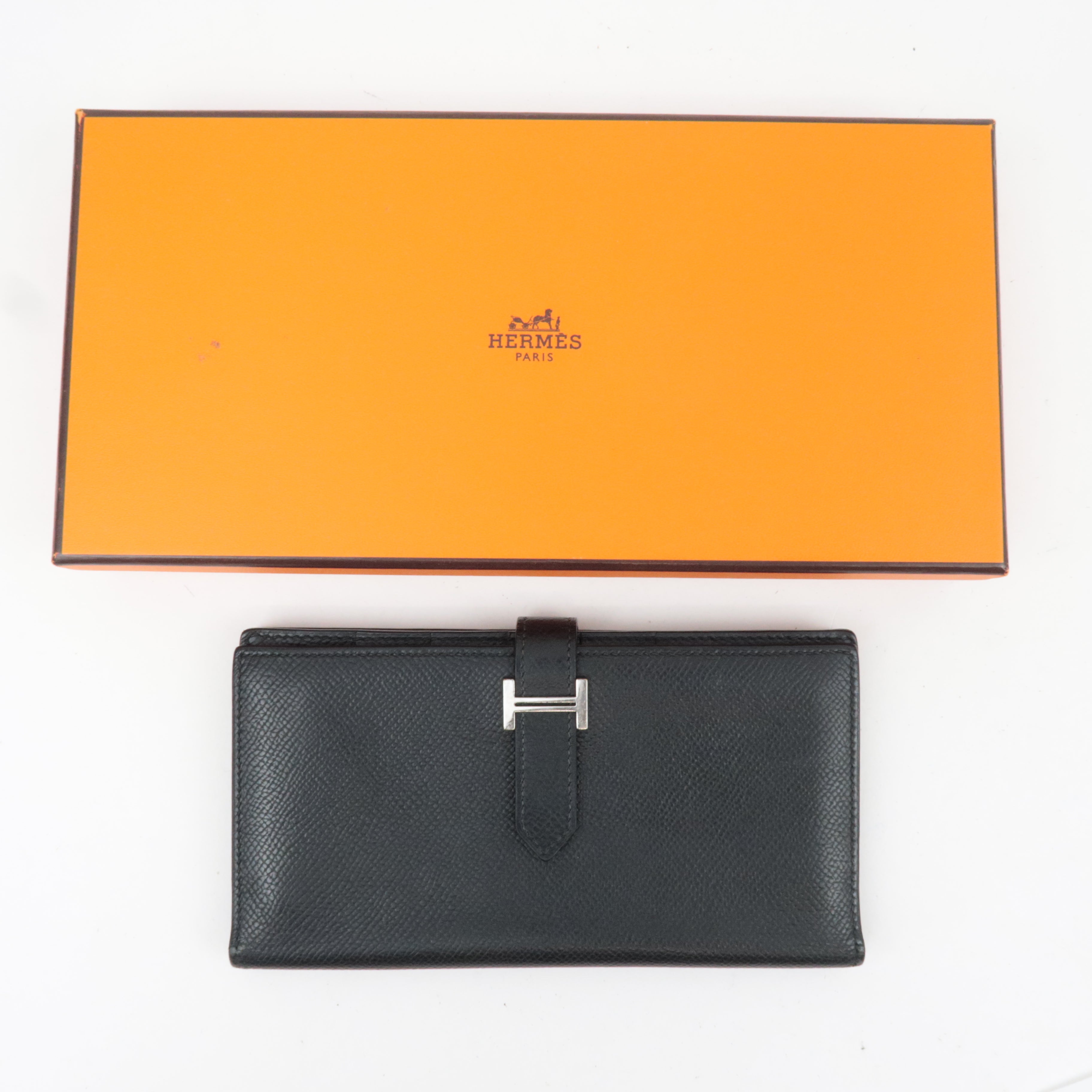 HERMES Bearn Soufflet Long Wallet □K Stamp (2007) Veau Epsom Black Silver HDW *Box