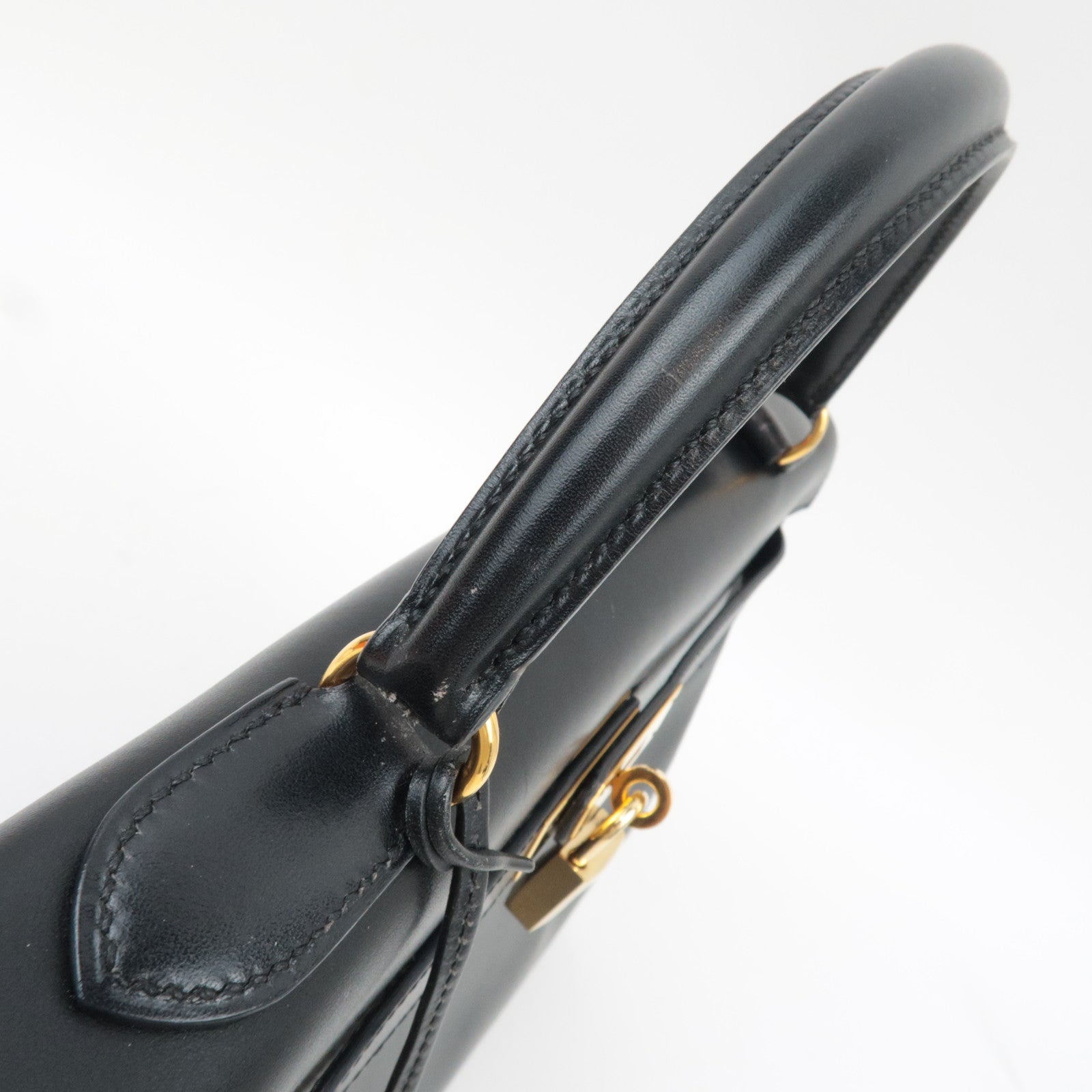 HERMES Kelly 32 B Stamp (1998) Box Calf 2Way Handbag Black Gold HDW *Box, Dust bag, Strap, Key Lock, Clochette