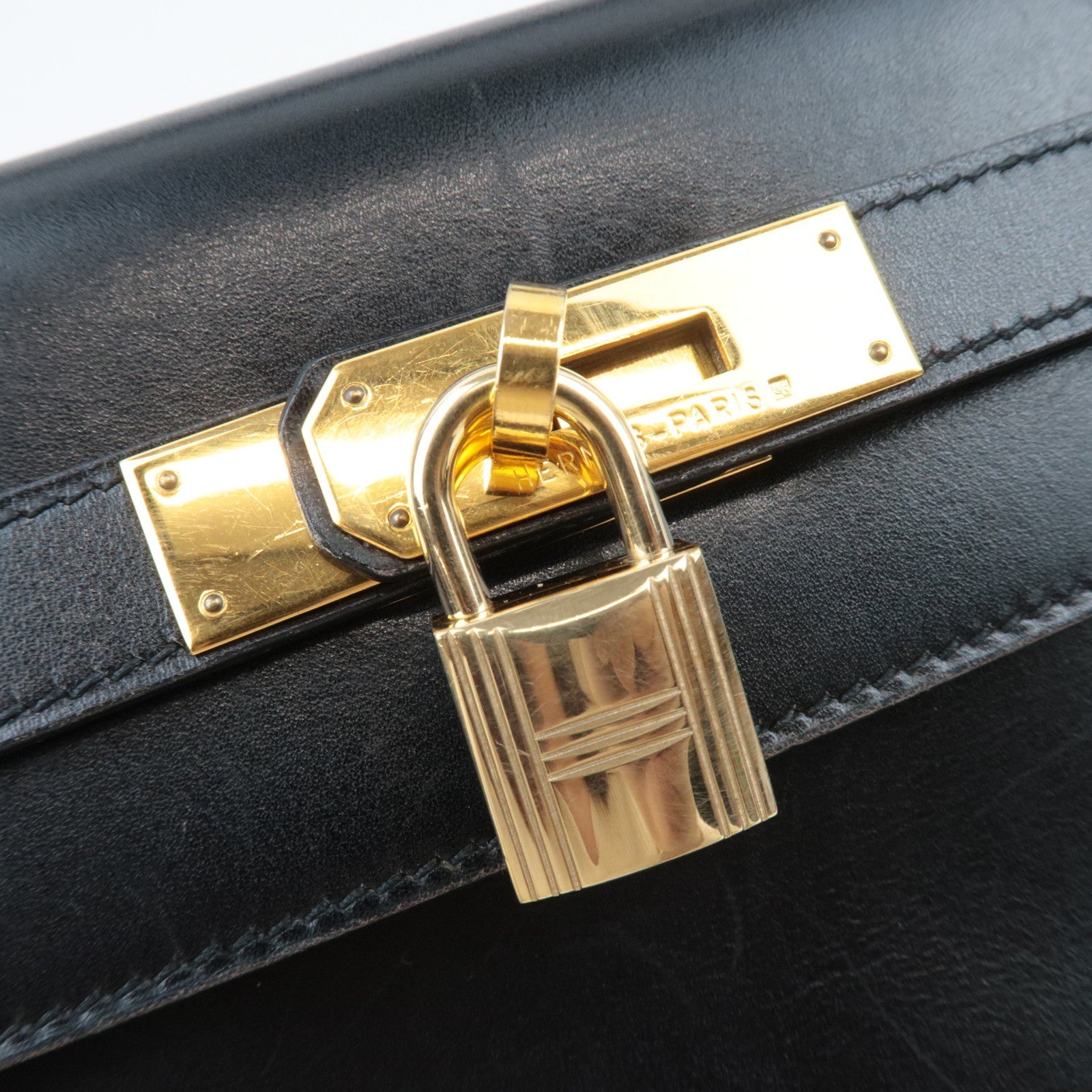 HERMES Kelly 32 B Stamp (1998) Box Calf 2Way Handbag Black Gold HDW *Box, Dust bag, Strap, Key Lock, Clochette
