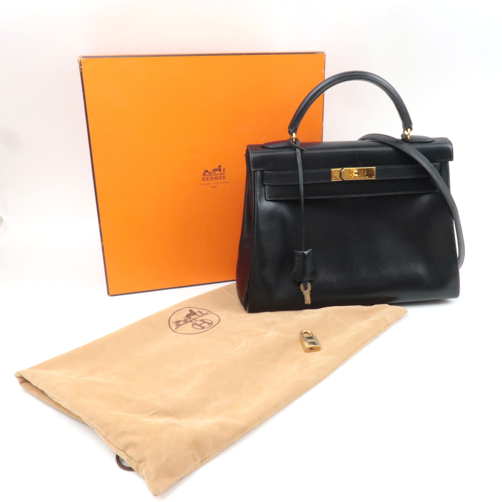 HERMES Kelly 32 B Stamp (1998) Box Calf 2Way Handbag Black Gold HDW *Box, Dust bag, Strap, Key Lock, Clochette