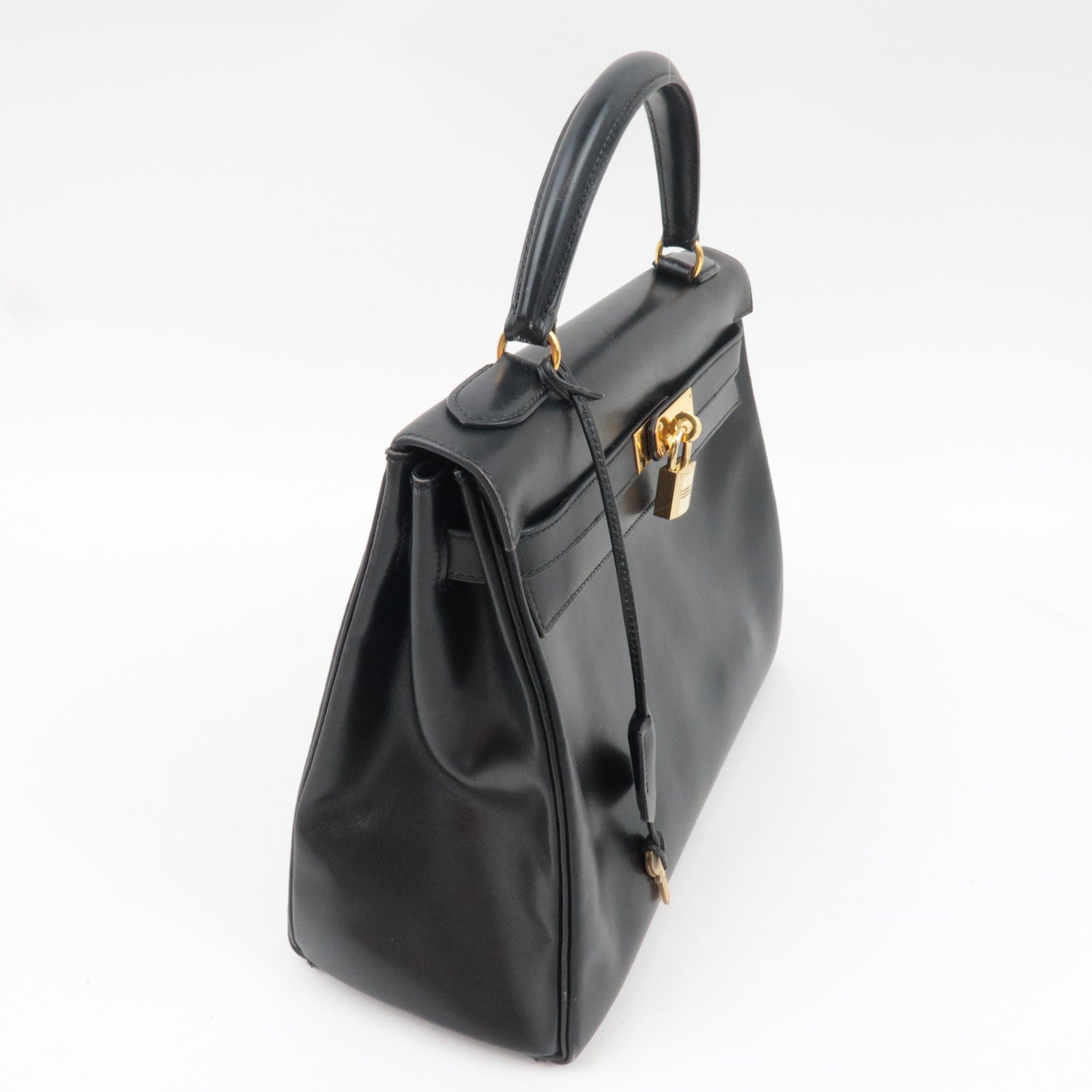 HERMES Kelly 32 B Stamp (1998) Box Calf 2Way Handbag Black Gold HDW *Box, Dust bag, Strap, Key Lock, Clochette