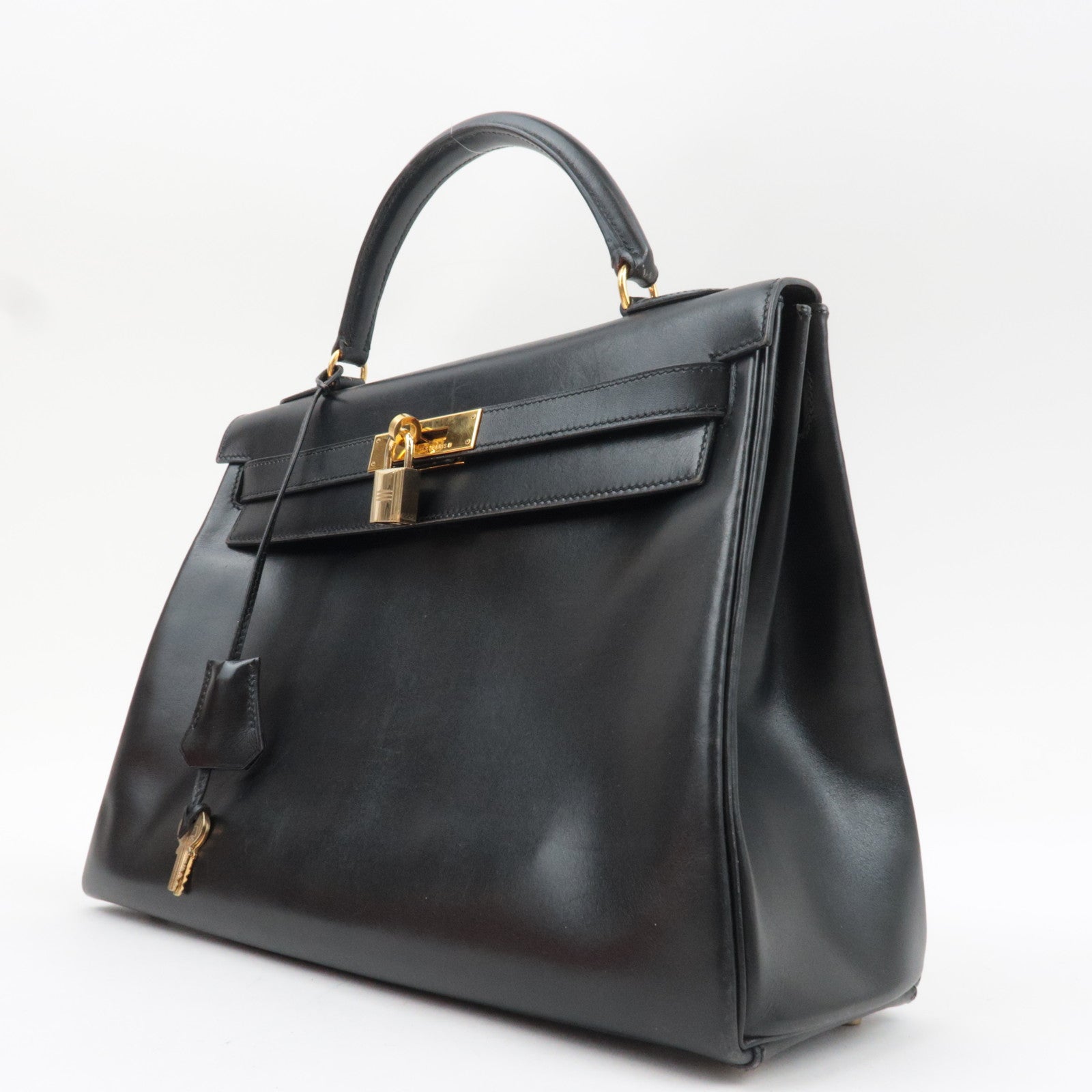 HERMES Kelly 32 B Stamp (1998) Box Calf 2Way Handbag Black Gold HDW *Box, Dust bag, Strap, Key Lock, Clochette