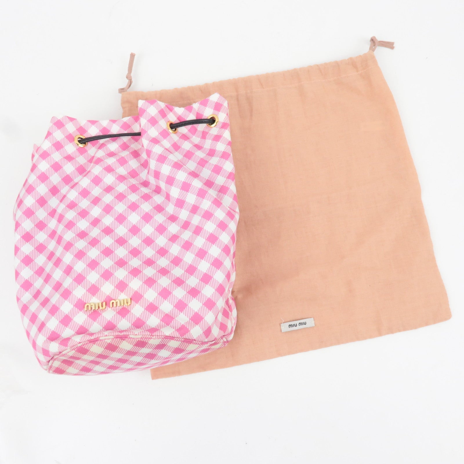 MIU MIU Gingham Nylon Leather Drawstring Bag Pink *Dust bag