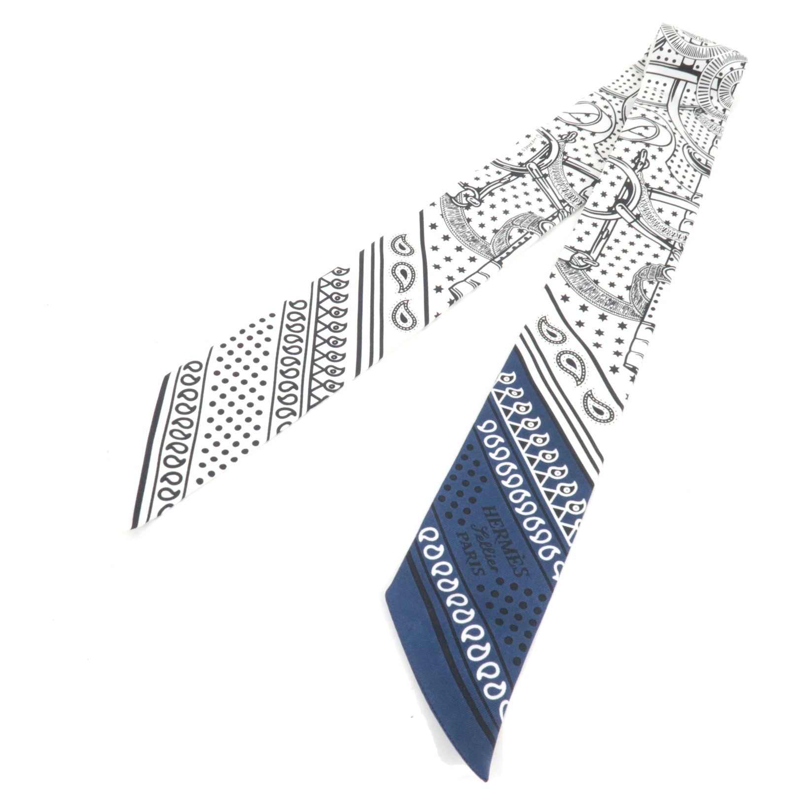 HERMES Twilly Scarf EPERON D'OR CUT 100% Silk White Black Navy *Box82615