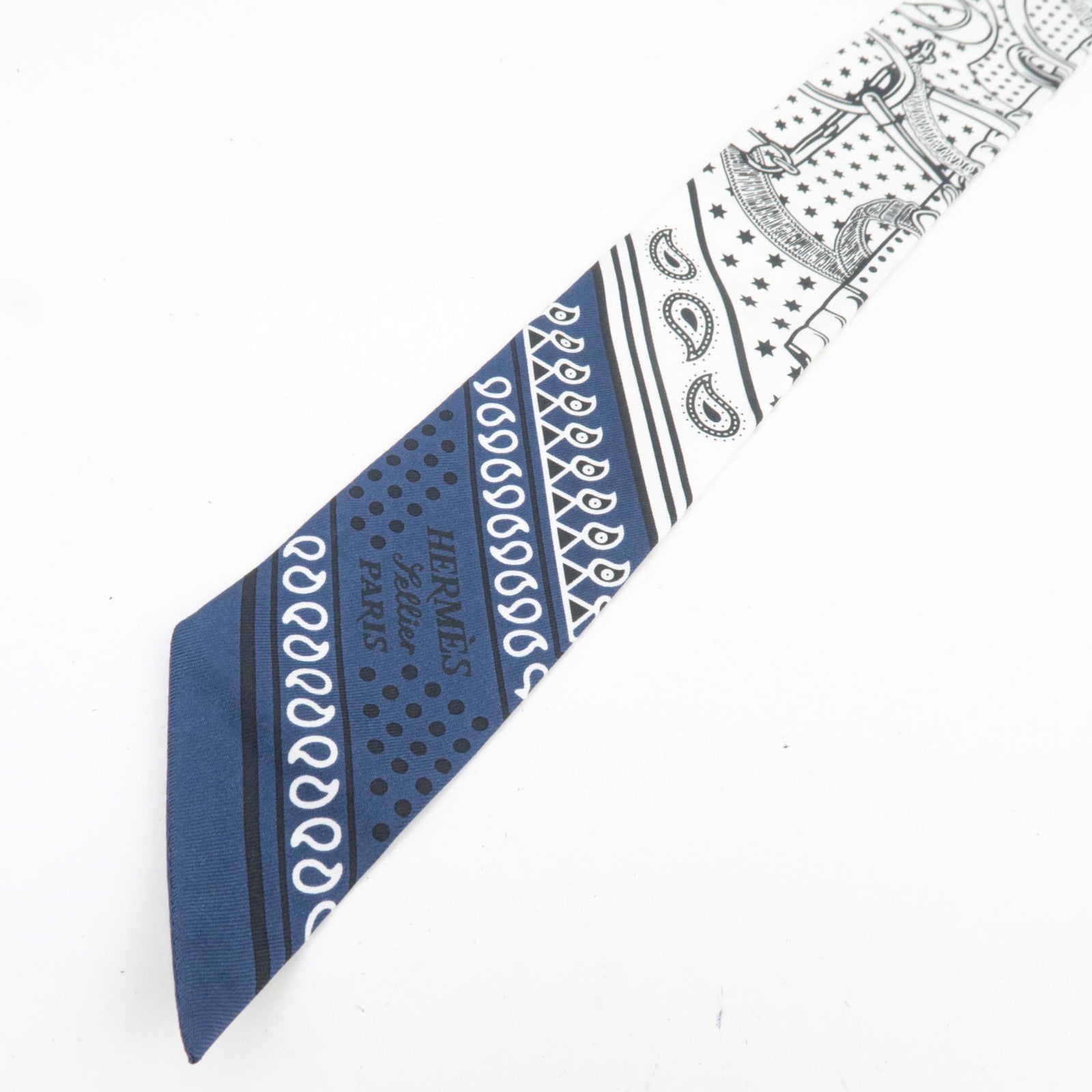 HERMES Twilly Scarf EPERON D'OR CUT 100% Silk White Black Navy *Box