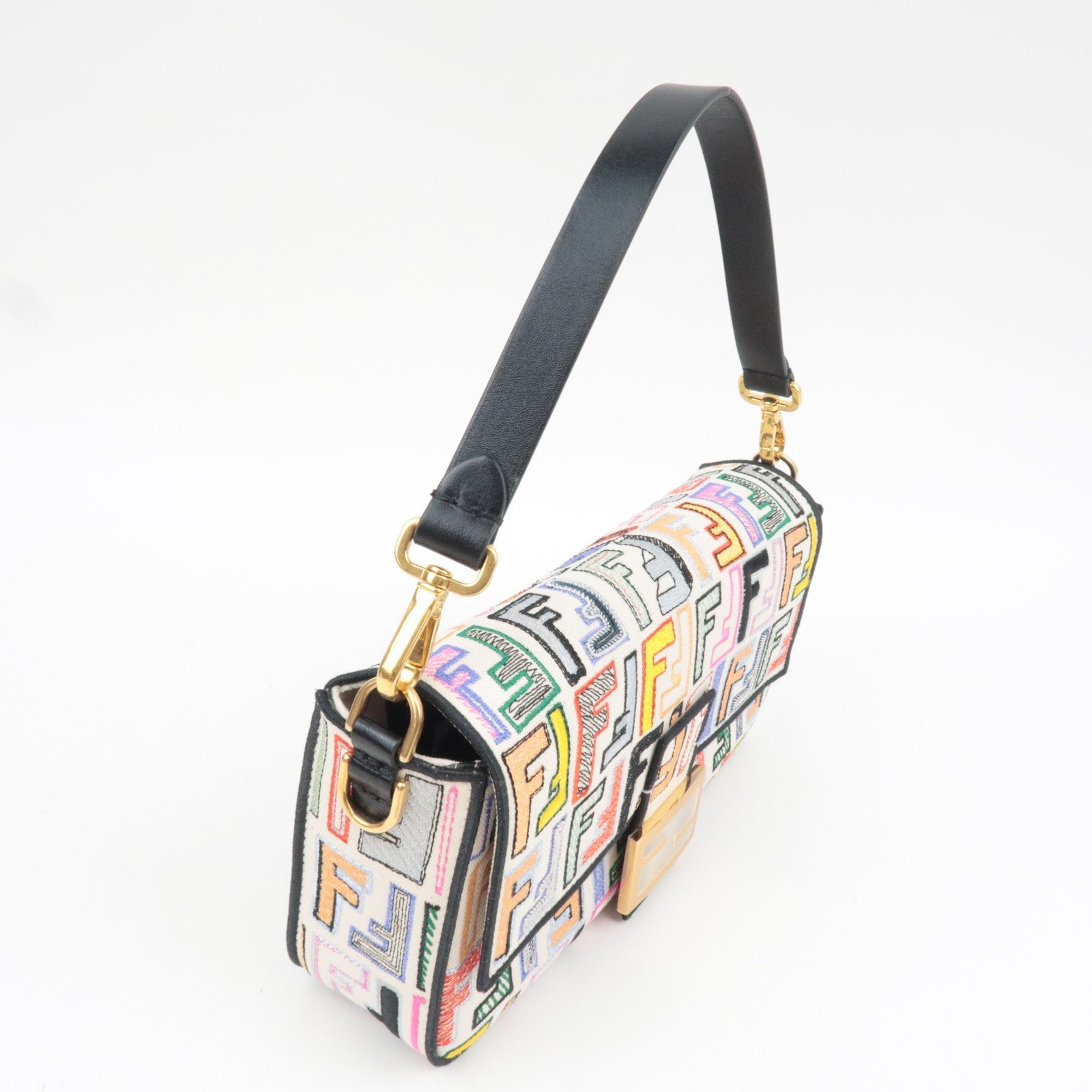 FENDI Zucca Mamma Baguette Embroidery Handbag Canvas Leather Multicolor 8BR600 *Dust bag, Strap