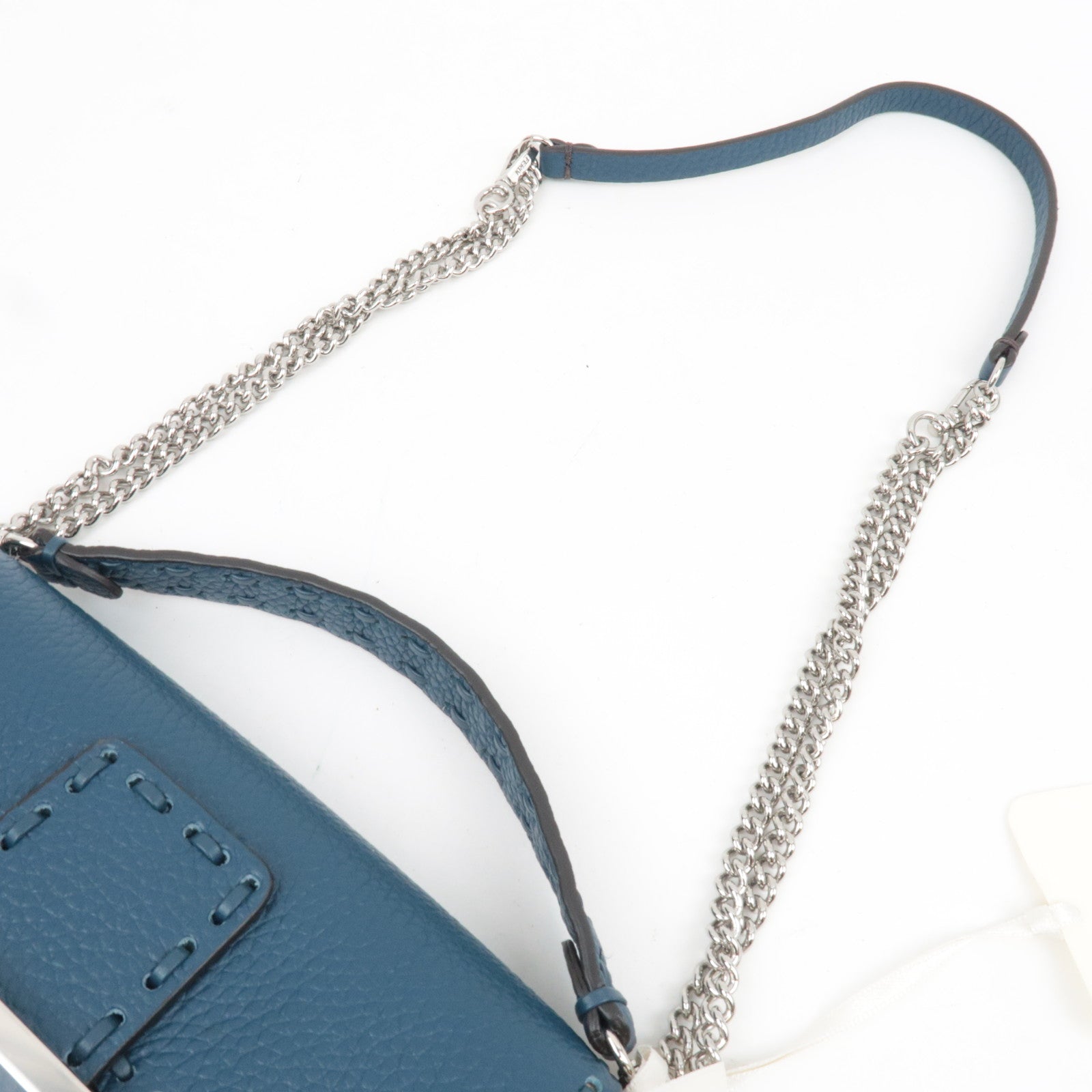 FENDI Selleria Mini Baguette 2Way Bag Leather Blue 8BS017 *Dust bag, Strap