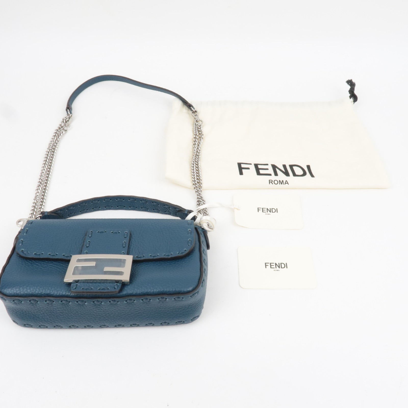 FENDI Selleria Mini Baguette 2Way Bag Leather Blue 8BS017 *Dust bag, Strap