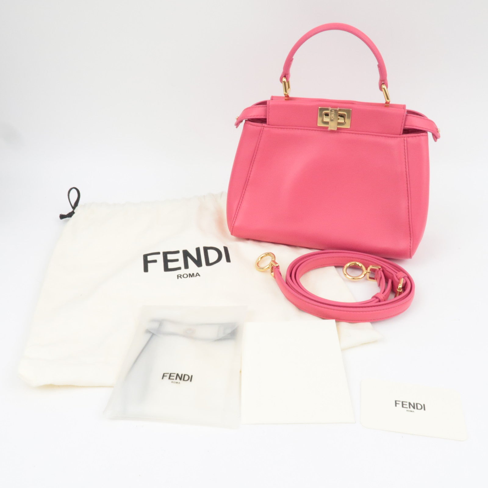 FENDI Mini Peekaboo 2Way Handbag Leather Pink Gold HDW 8BN244 *Dust bag, Strap, Rain cover