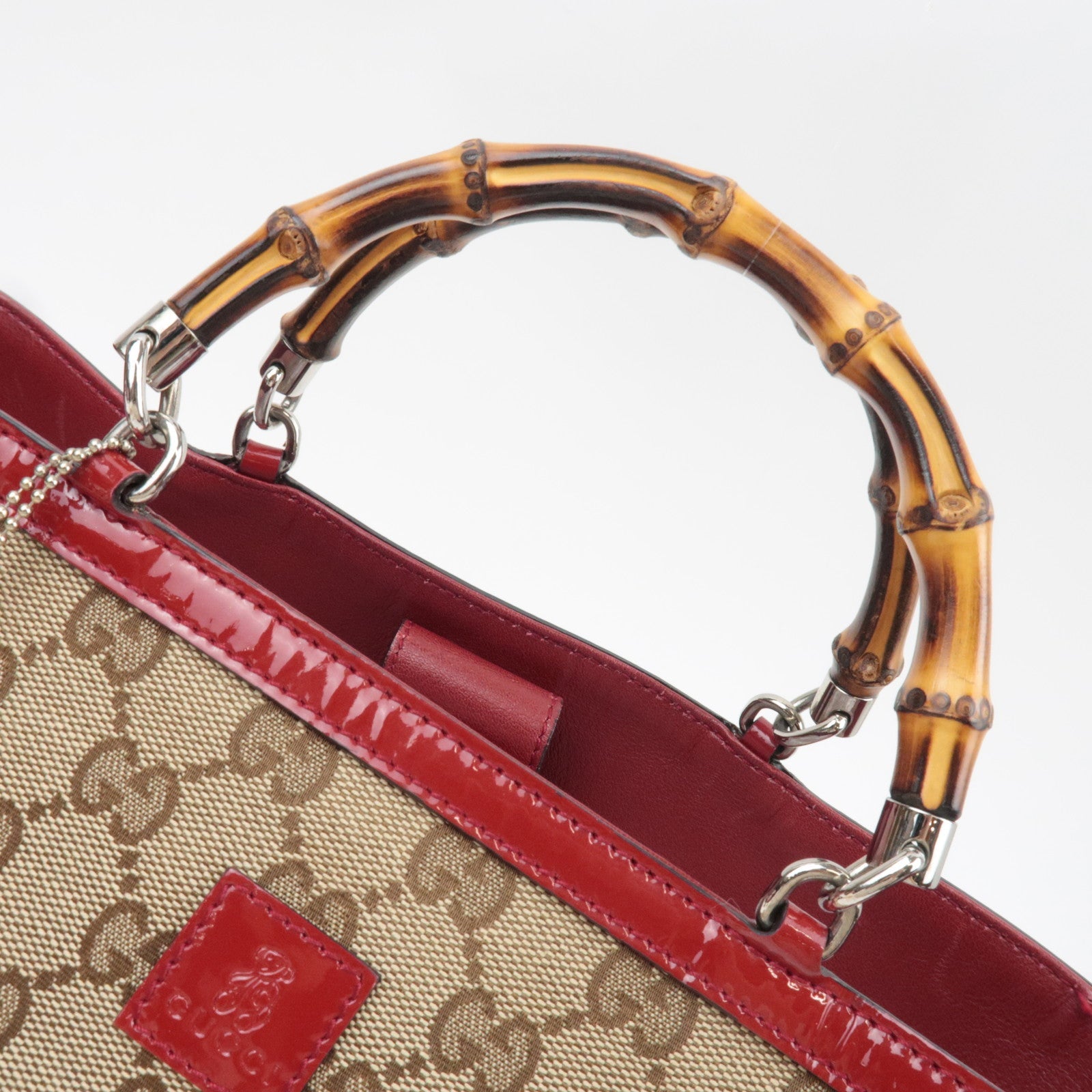 GUCCI Children's Bamboo Handbag GG Canvas Patent Leather Beige Red 311175 *Dust bag