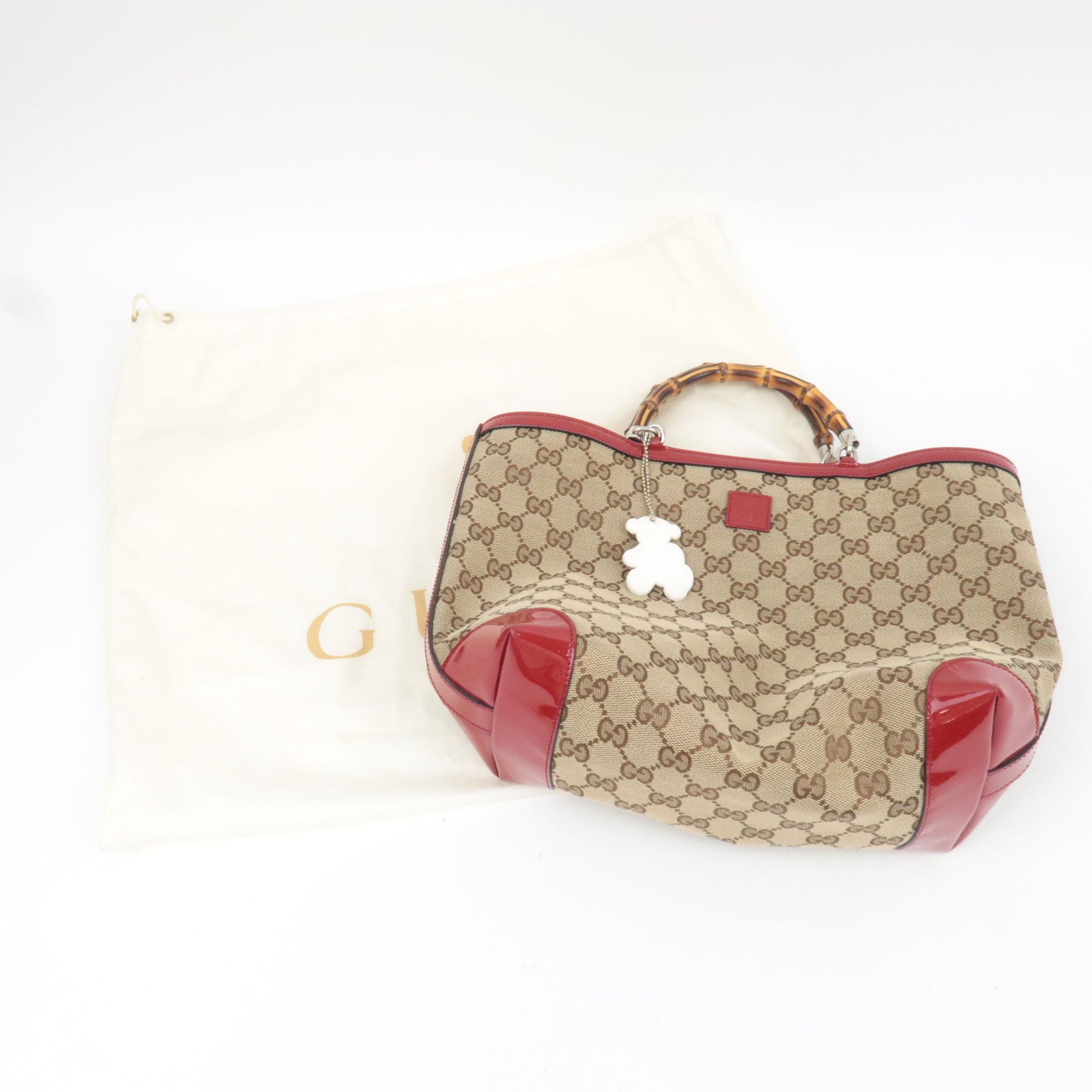 GUCCI Children's Bamboo Handbag GG Canvas Patent Leather Beige Red 311175 *Dust bag