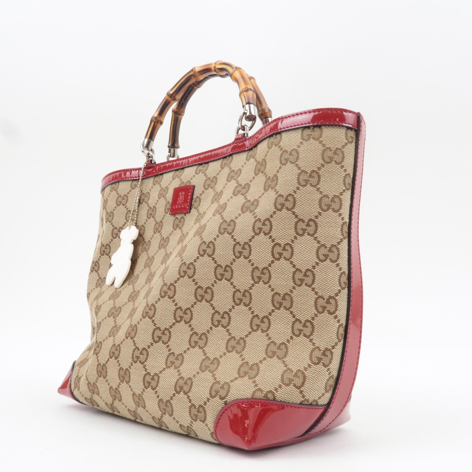 GUCCI Children's Bamboo Handbag GG Canvas Patent Leather Beige Red 311175 *Dust bag