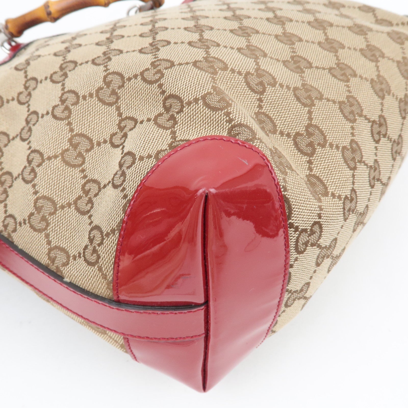 GUCCI Children's Bamboo Handbag GG Canvas Patent Leather Beige Red 311175 *Dust bag