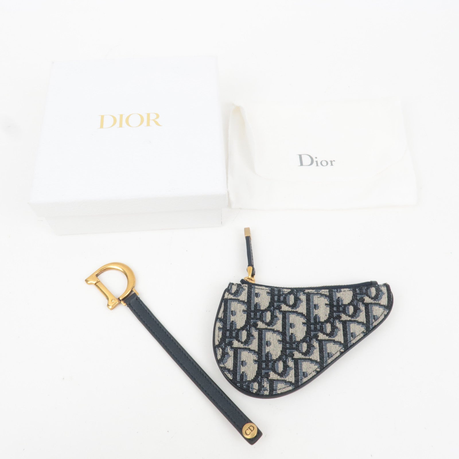 Christian Dior Oblique Saddle Coin Case Canvas Leather Blue *Box, Dust bag
