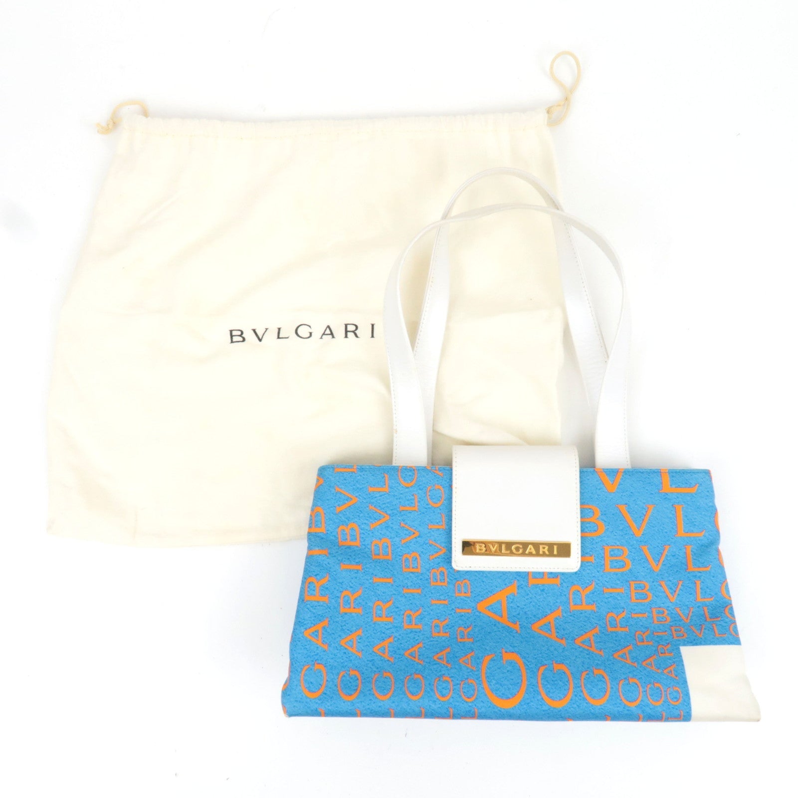 BVLGARI Logomania Silk Leather Handbag Blue White Orange *Dust bag