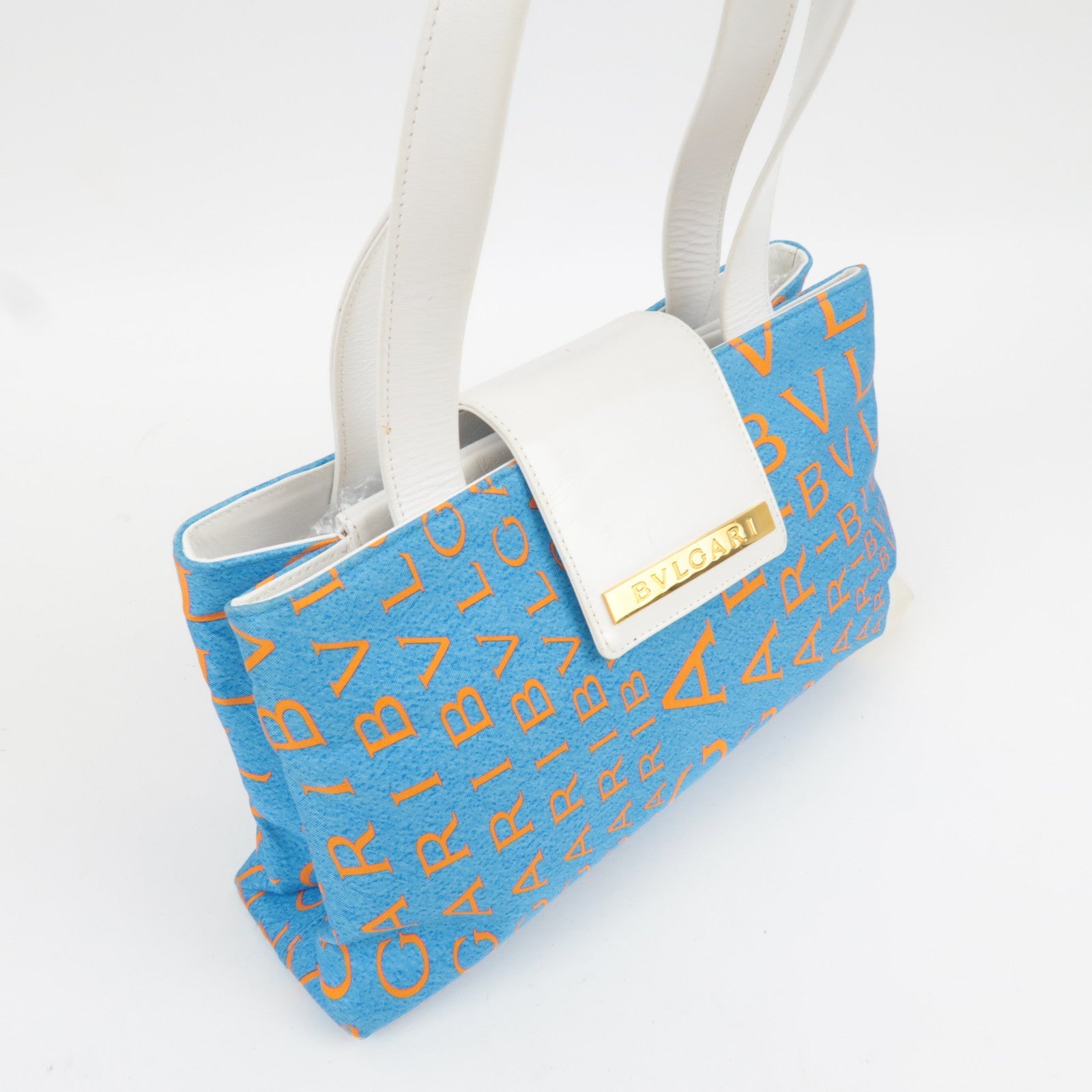 BVLGARI Logomania Silk Leather Handbag Blue White Orange *Dust bag