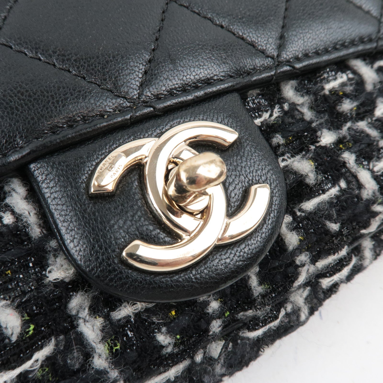 CHANEL Matelasse Tweed Leather 2Way Chain Shoulder Bag Black Gold HDW 24959737
