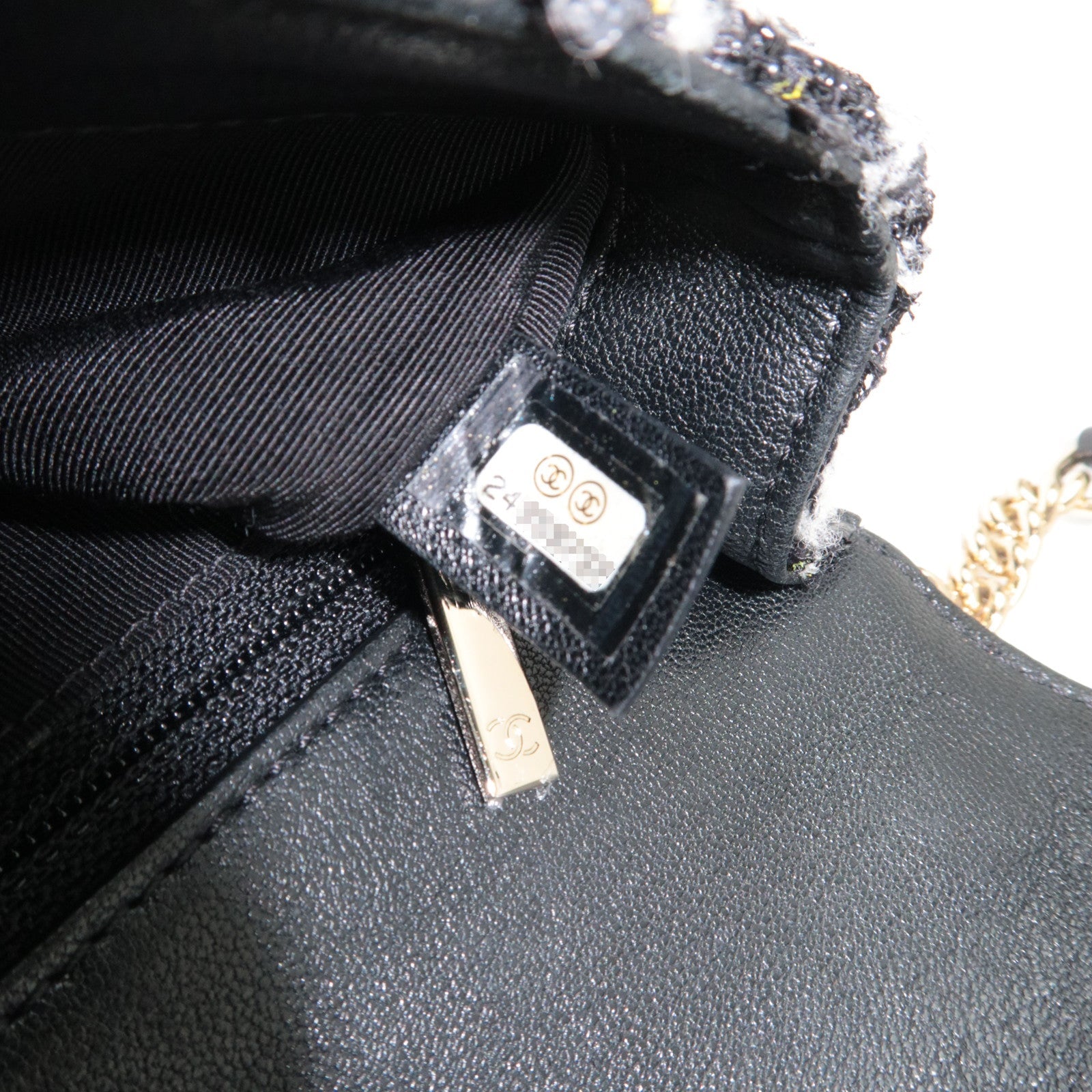 CHANEL Matelasse Tweed Leather 2Way Chain Shoulder Bag Black Gold HDW 24959737