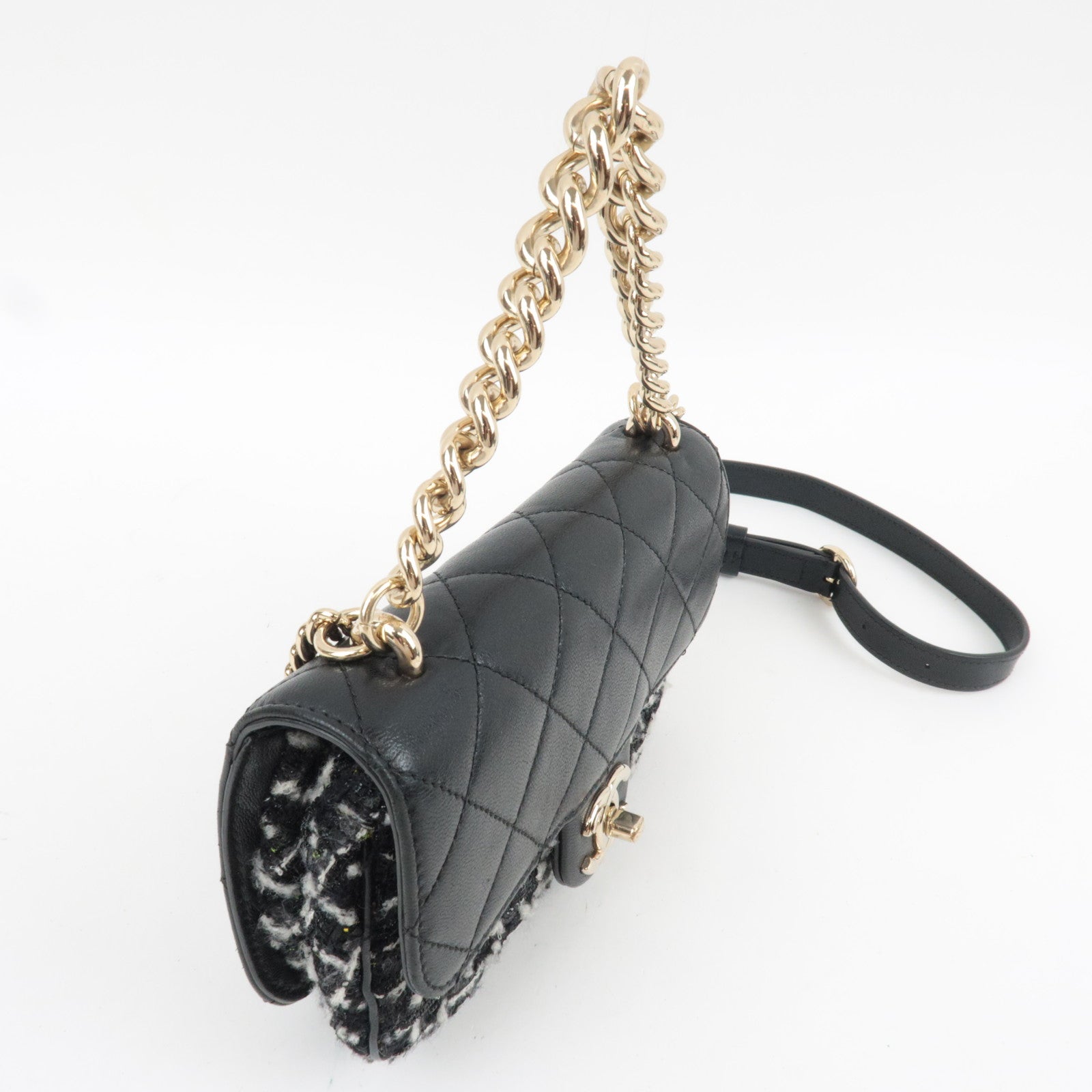 CHANEL Matelasse Tweed Leather 2Way Chain Shoulder Bag Black Gold HDW 24959737