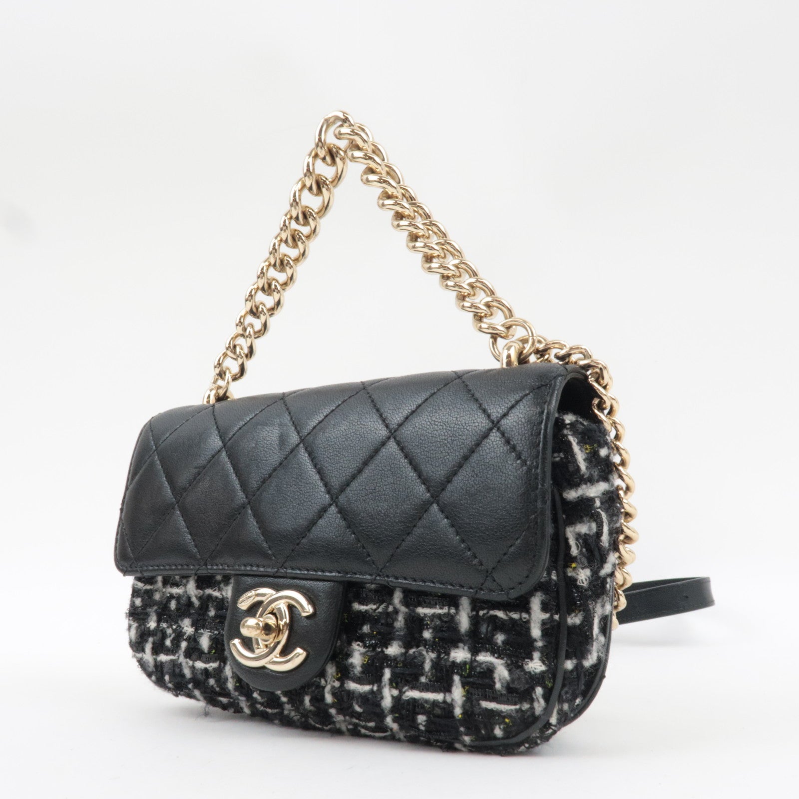 CHANEL Matelasse Tweed Leather 2Way Chain Shoulder Bag Black Gold HDW 24959737