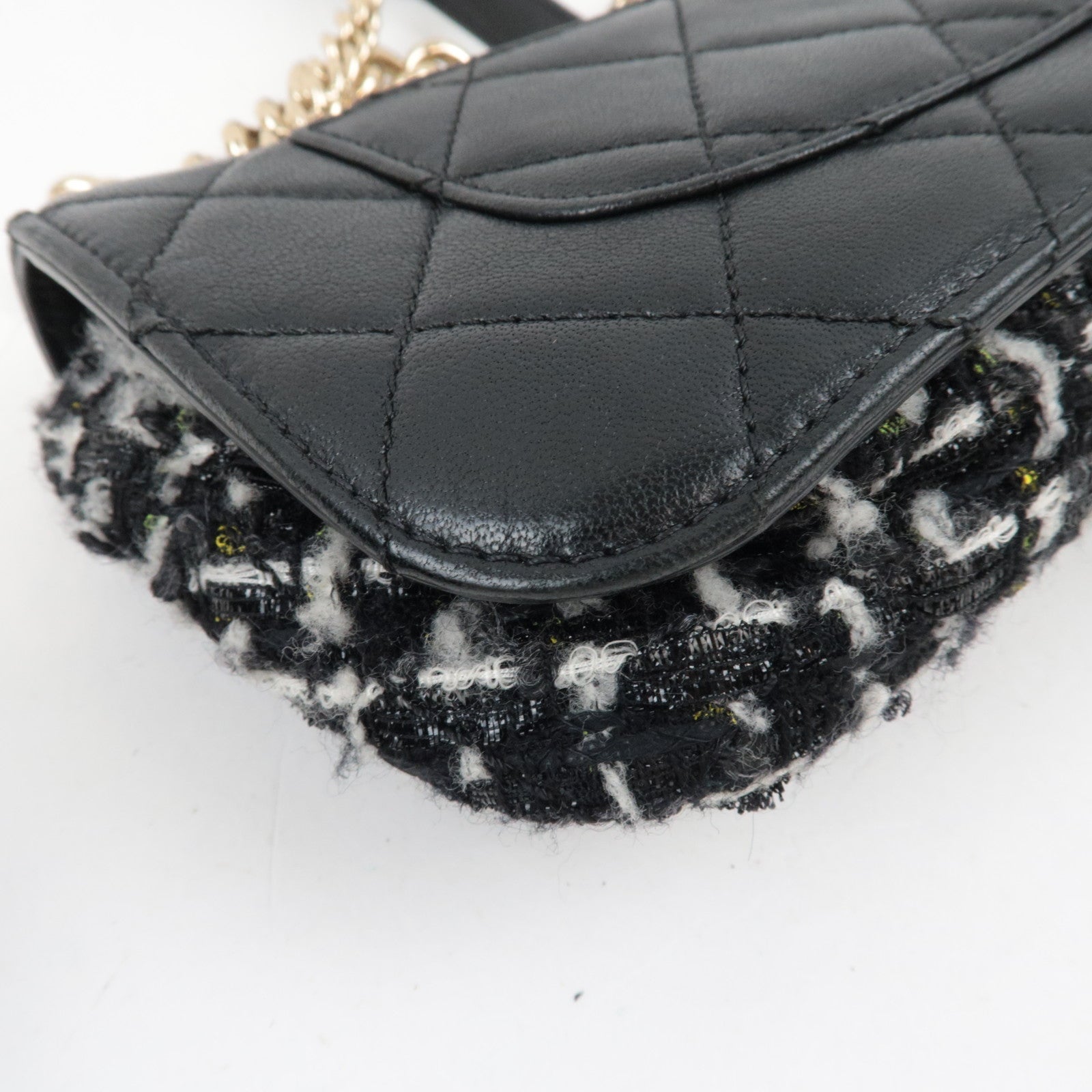 CHANEL Matelasse Tweed Leather 2Way Chain Shoulder Bag Black Gold HDW 24959737