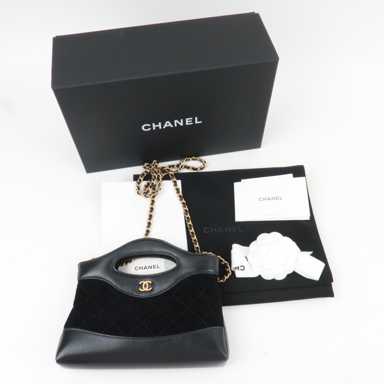 CHANEL 31 Suede Nano Chain Shoulder Bag Black Gold HDW AP3656 L5A8G178 *Box, Dust bag