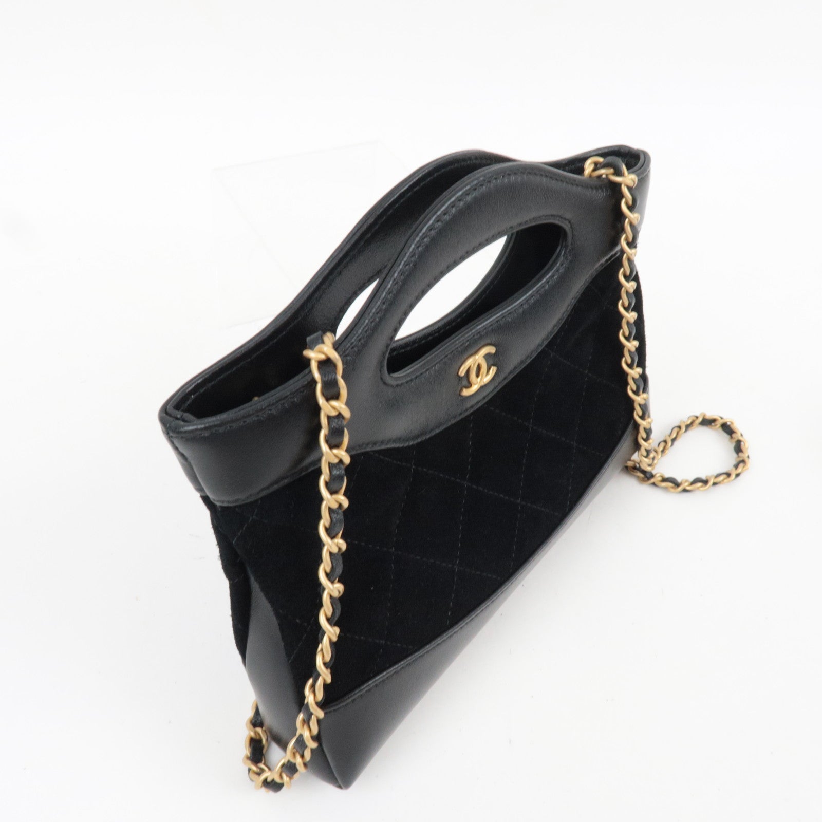 CHANEL 31 Suede Nano Chain Shoulder Bag Black Gold HDW AP3656 L5A8G178 *Box, Dust bag
