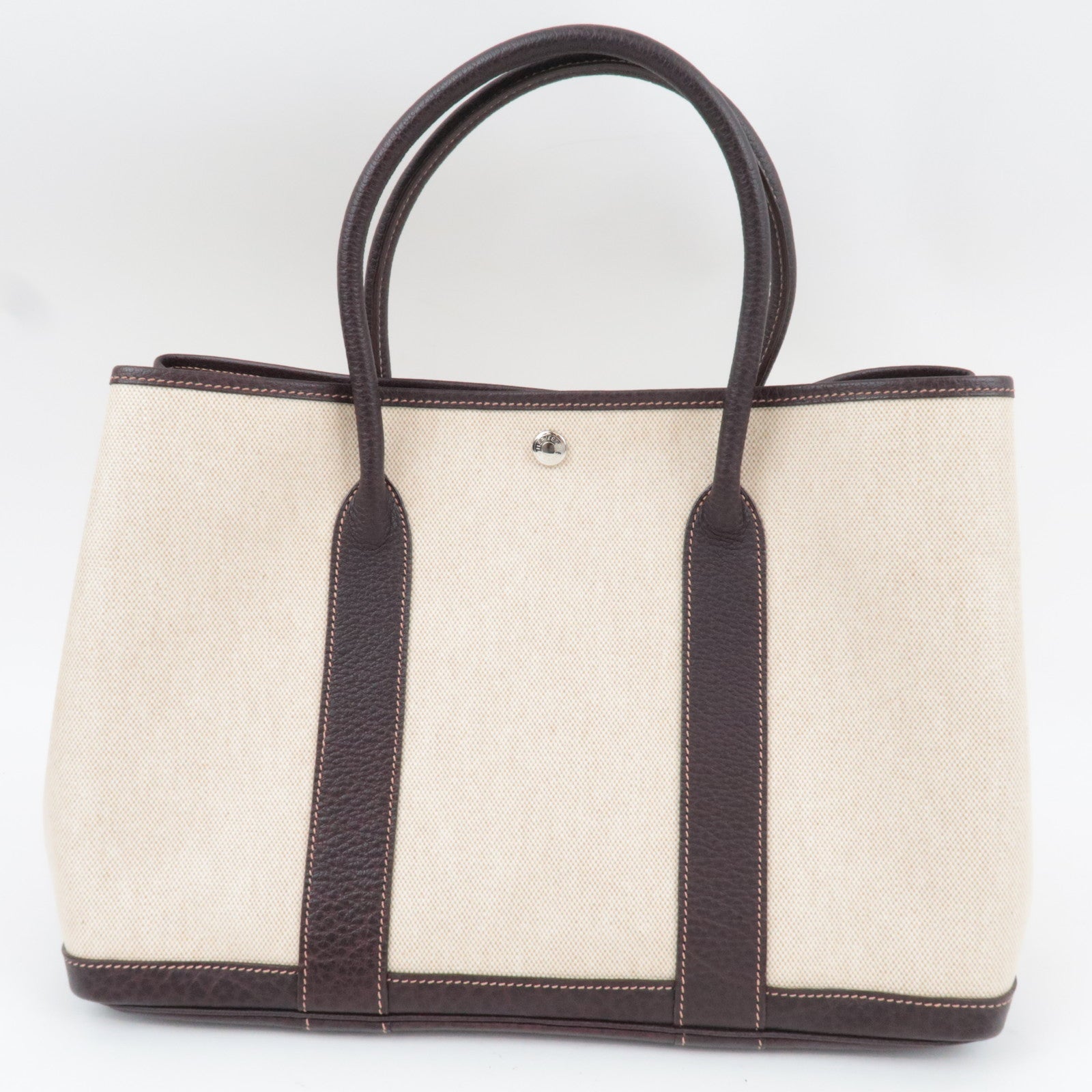 HERMES Garden Party PM Tote Bag V Stamp Toile H Leather Beige Brown *Dust bag