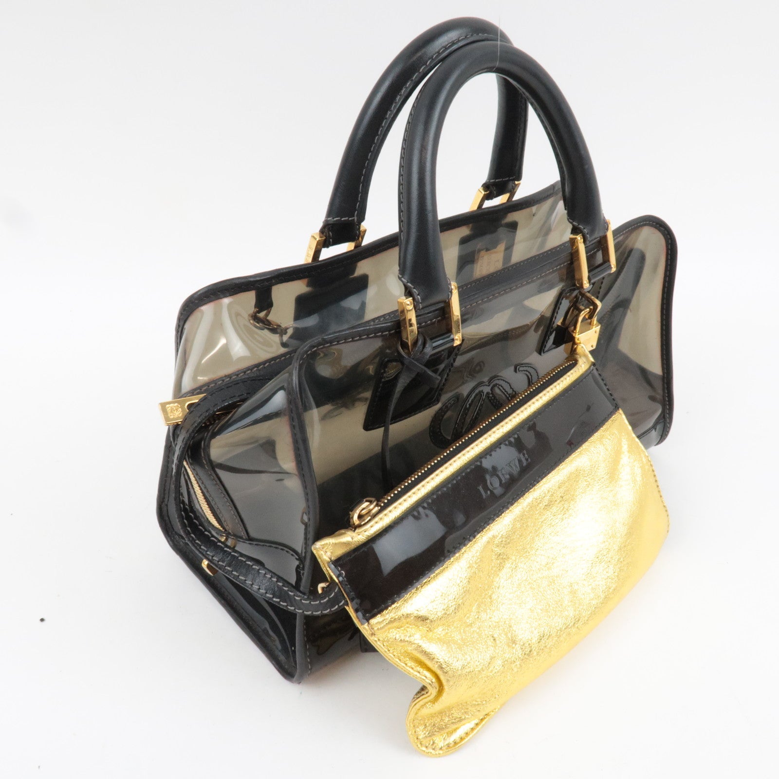 LOEWE Amazona 28 Vinyl Leather Handbag Clear Black *Pouch, Key Lock, Clochette