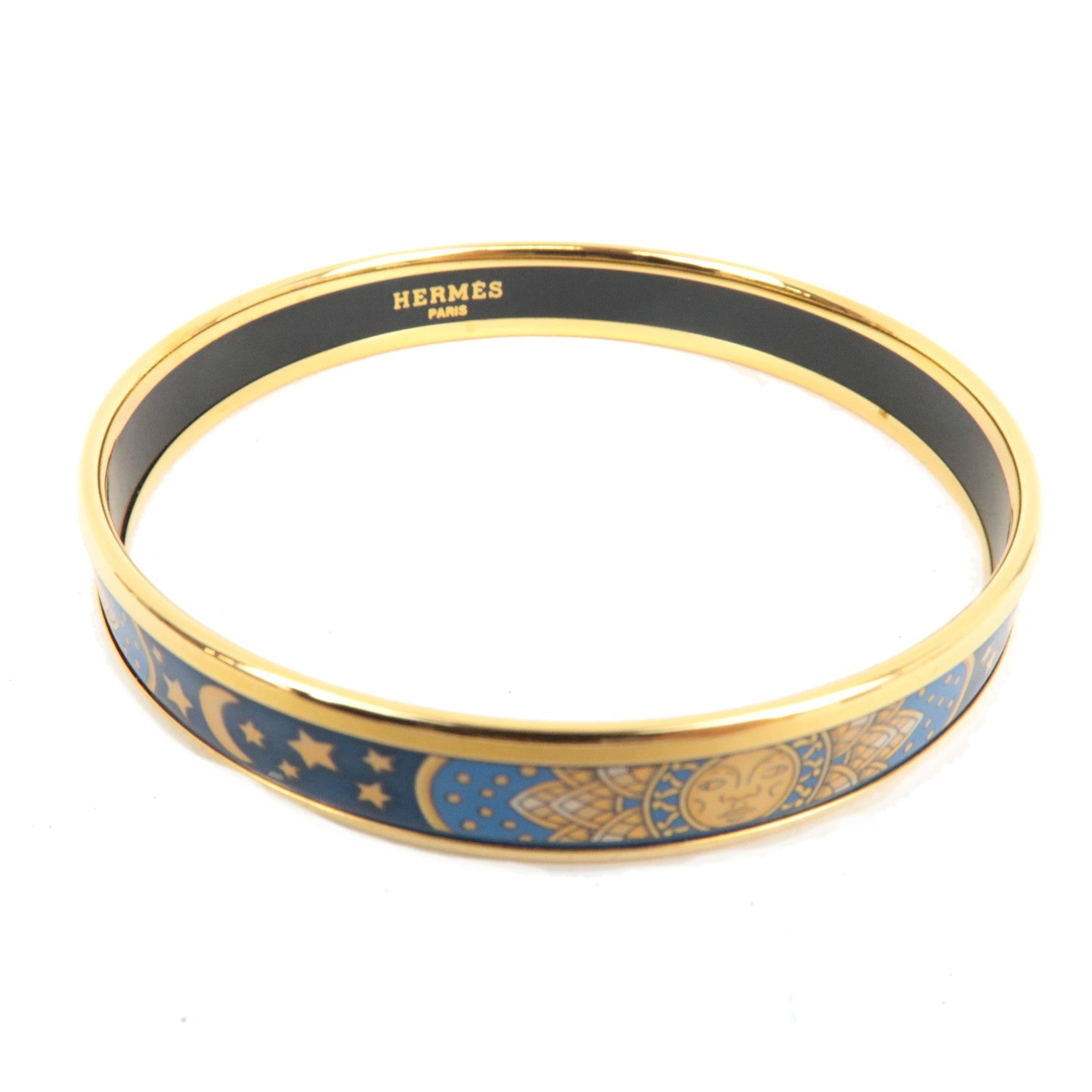 HERMES Email PM Bangle Metal Bracelet Cloisonne Sun, Moon and Stars Blue Navy Gold *Box82955