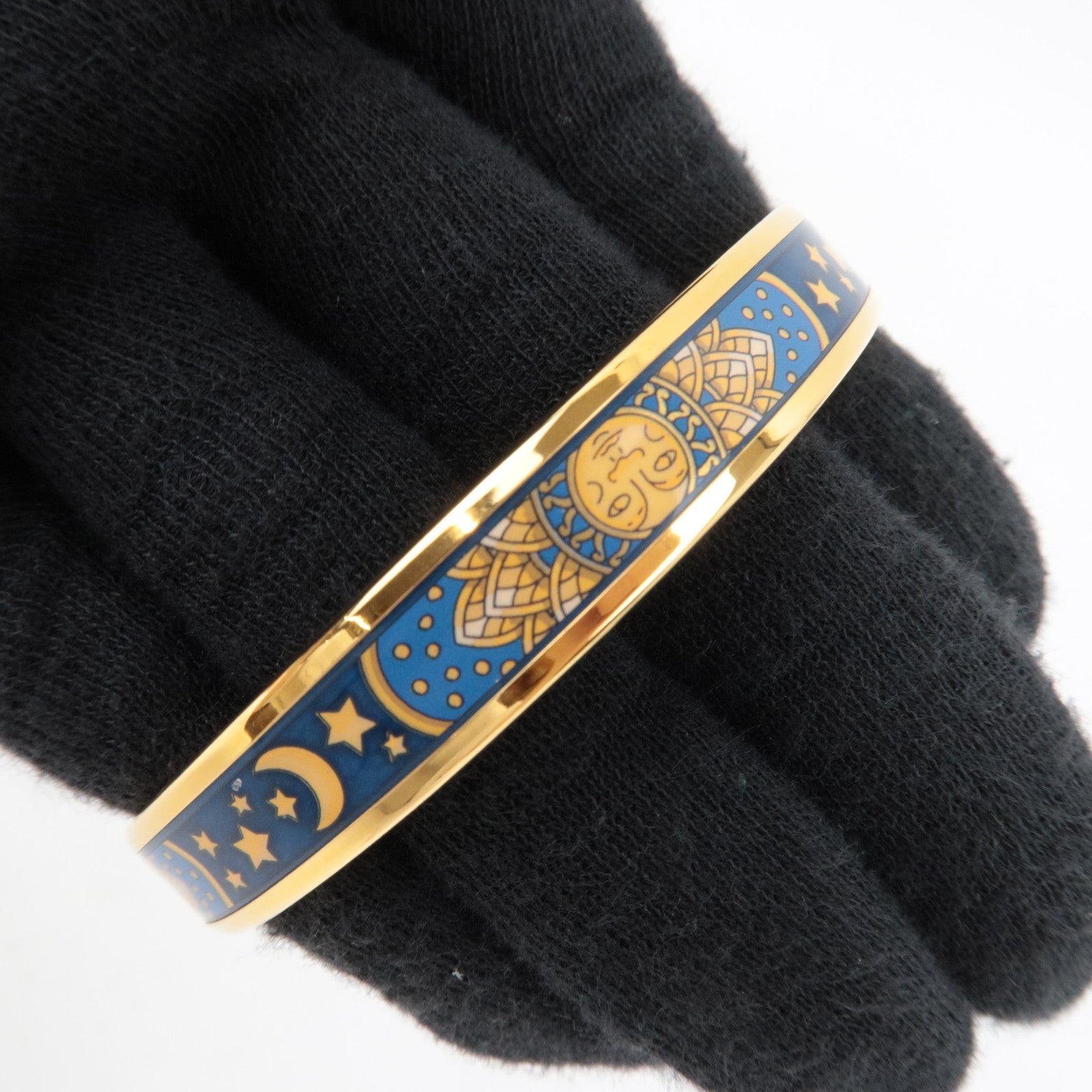 HERMES Email PM Bangle Metal Bracelet Cloisonne Sun, Moon and Stars Blue Navy Gold *Box