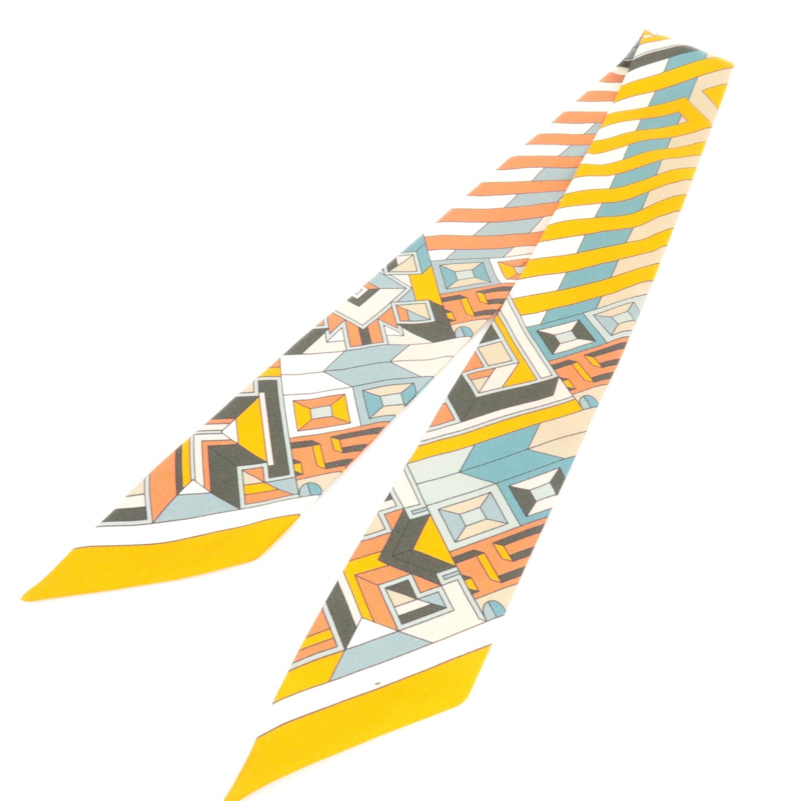 HERMES Twilly Scarf Geometric Print 100% Silk Orange83023