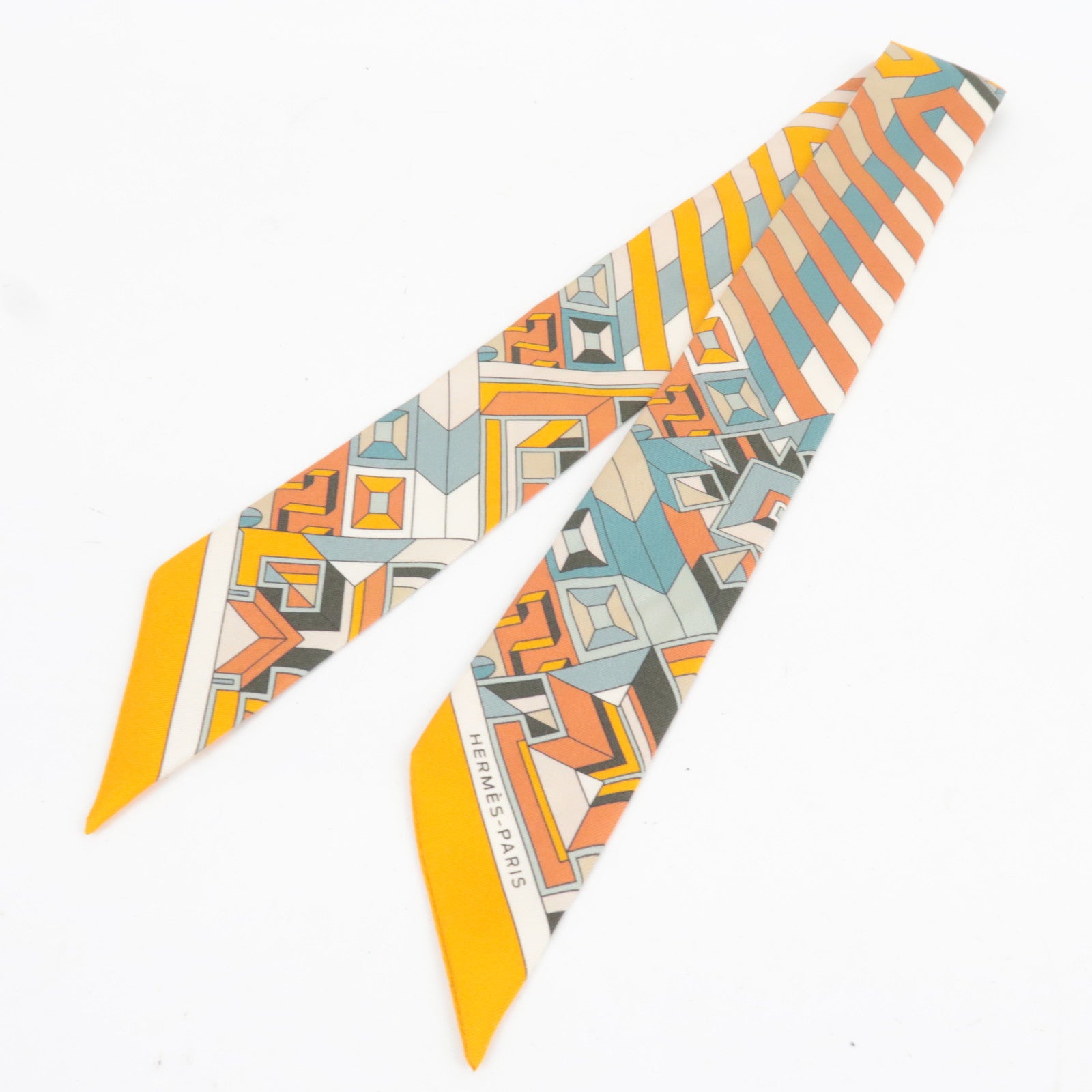 HERMES Twilly Scarf Geometric Print 100% Silk Orange