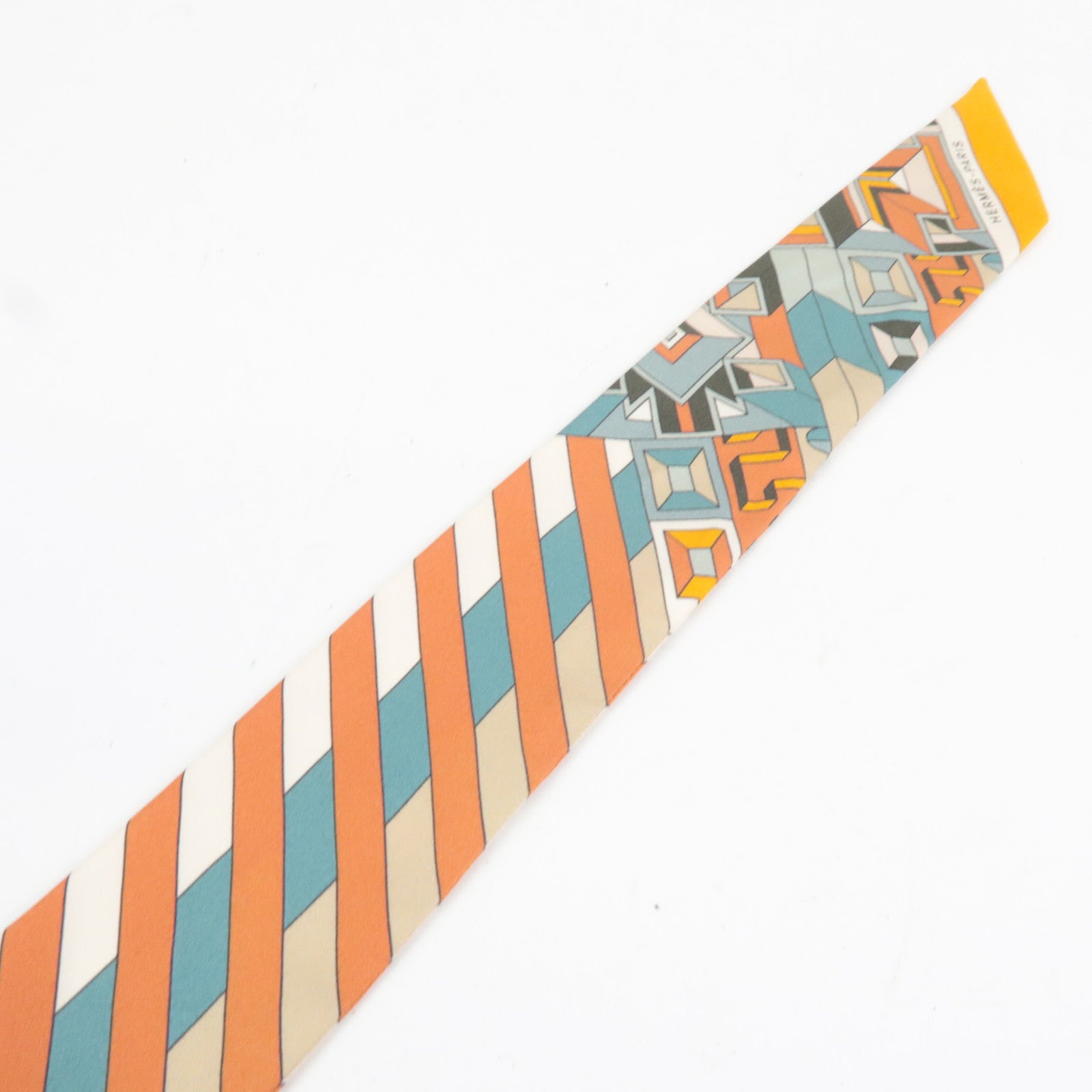 HERMES Twilly Scarf Geometric Print 100% Silk Orange