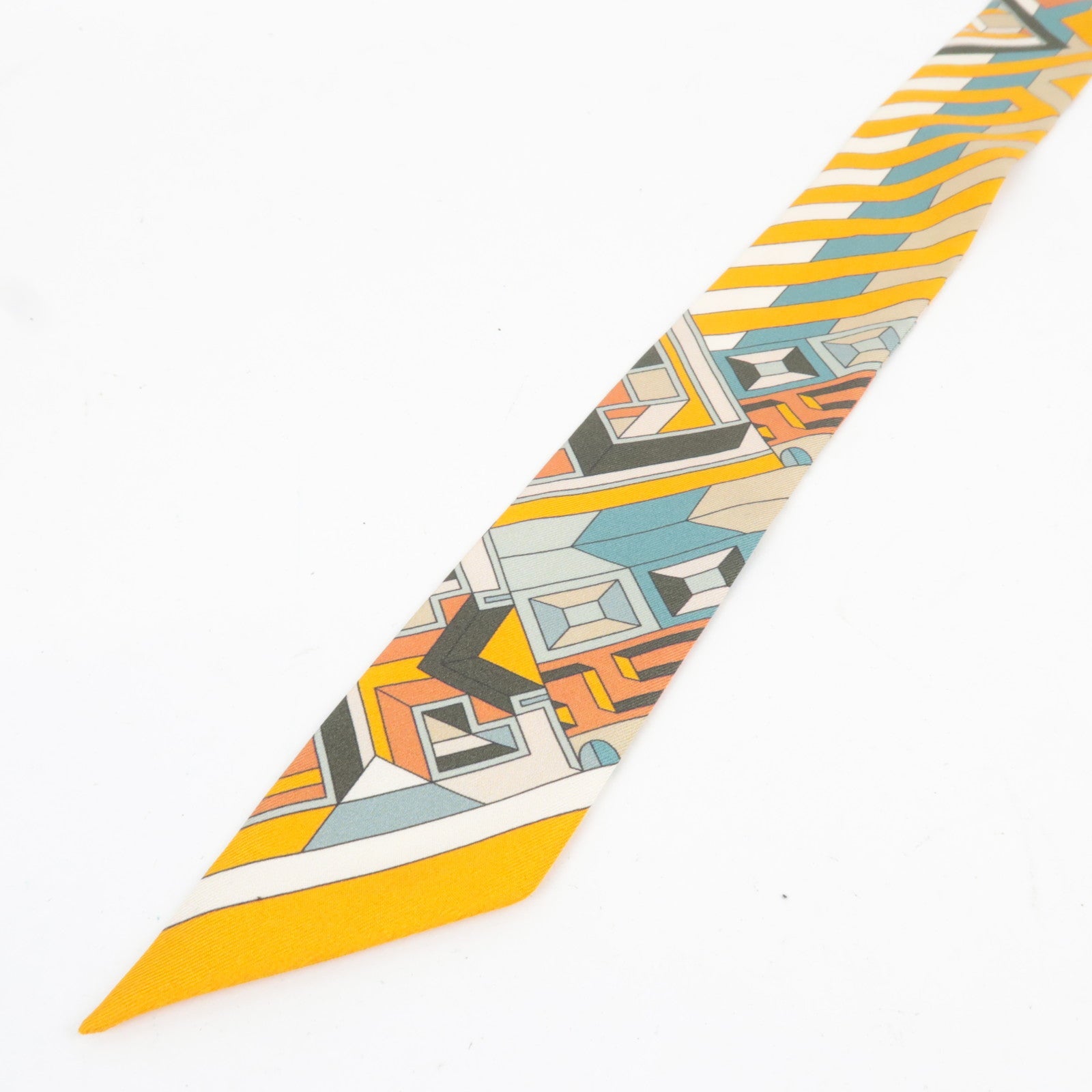HERMES Twilly Scarf Geometric Print 100% Silk Orange