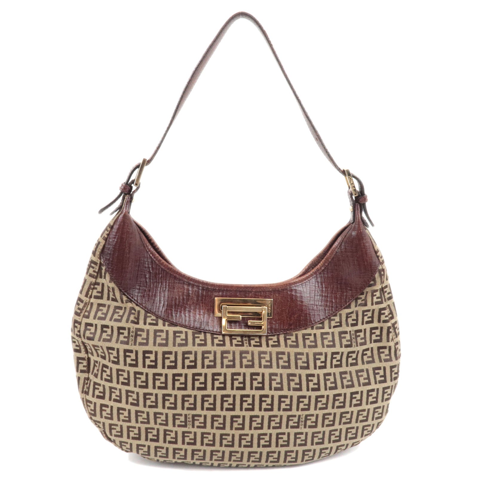 FENDI Zucchino Hobo Canvas Leather Shoulder Bag Beige Brown 8BR55283048