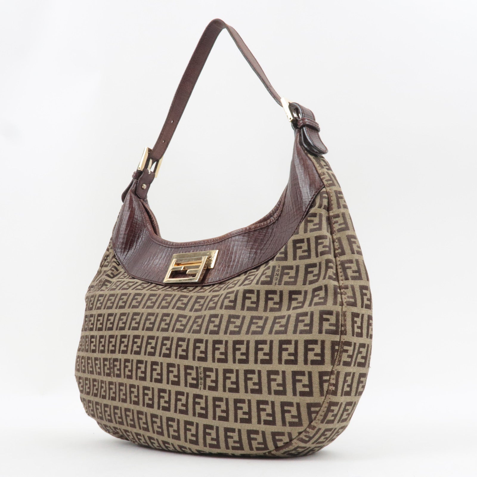 FENDI Zucchino Hobo Canvas Leather Shoulder Bag Beige Brown 8BR552