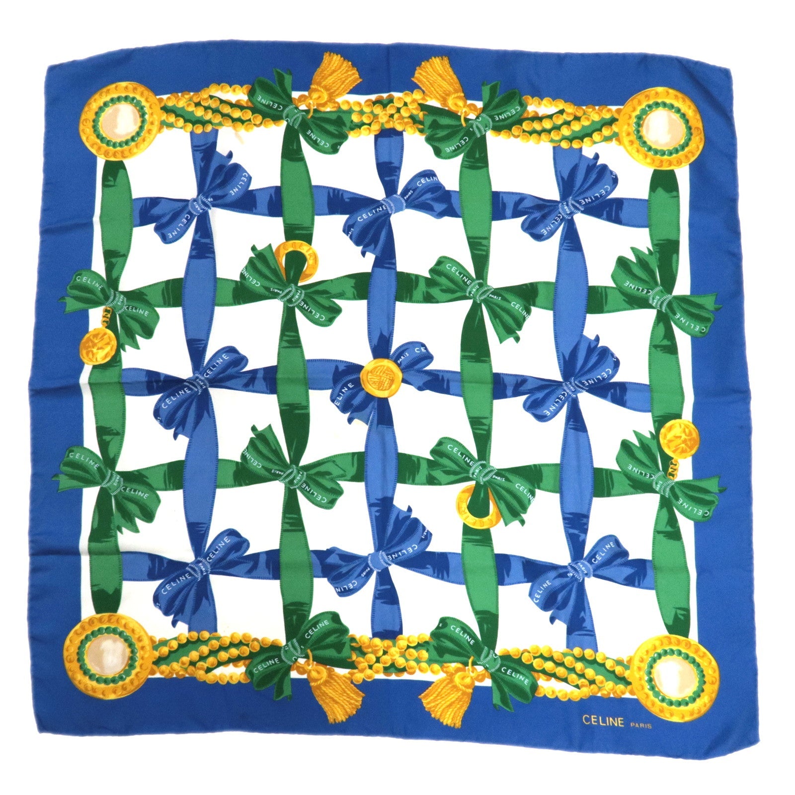 CELINE Ribbon Print Scarf 100% Silk Blue83071