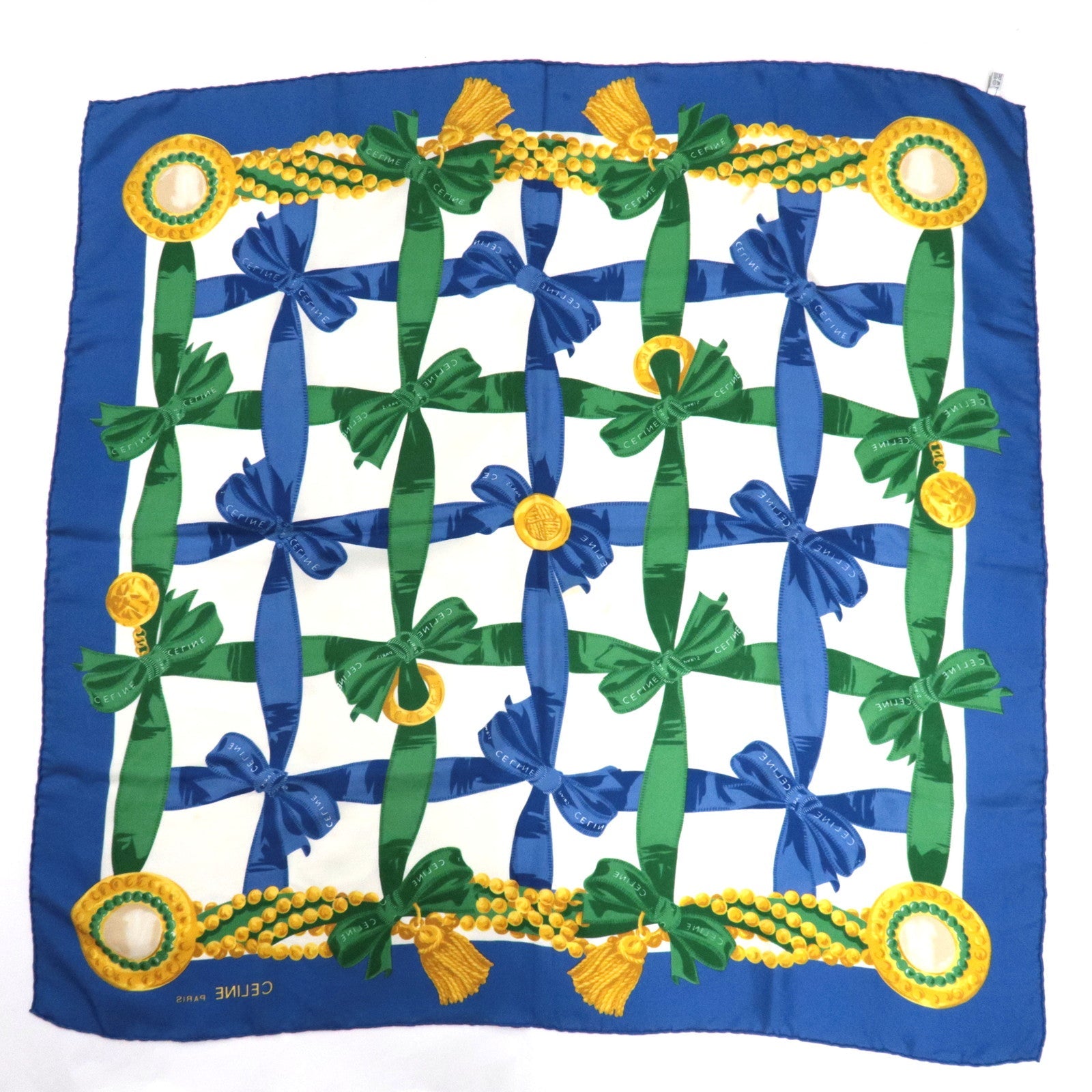 CELINE Ribbon Print Scarf 100% Silk Blue