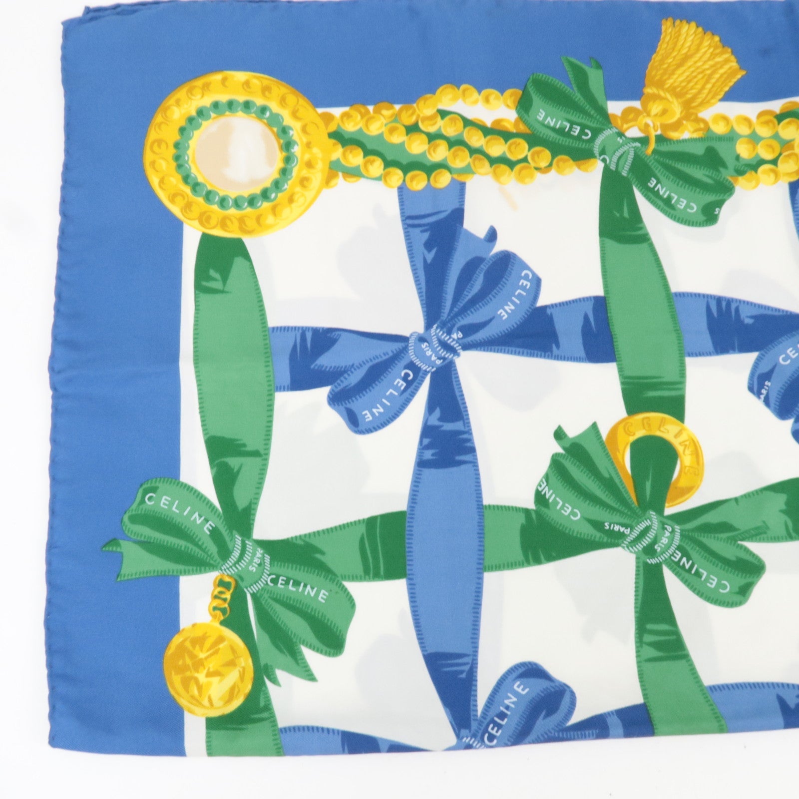CELINE Ribbon Print Scarf 100% Silk Blue