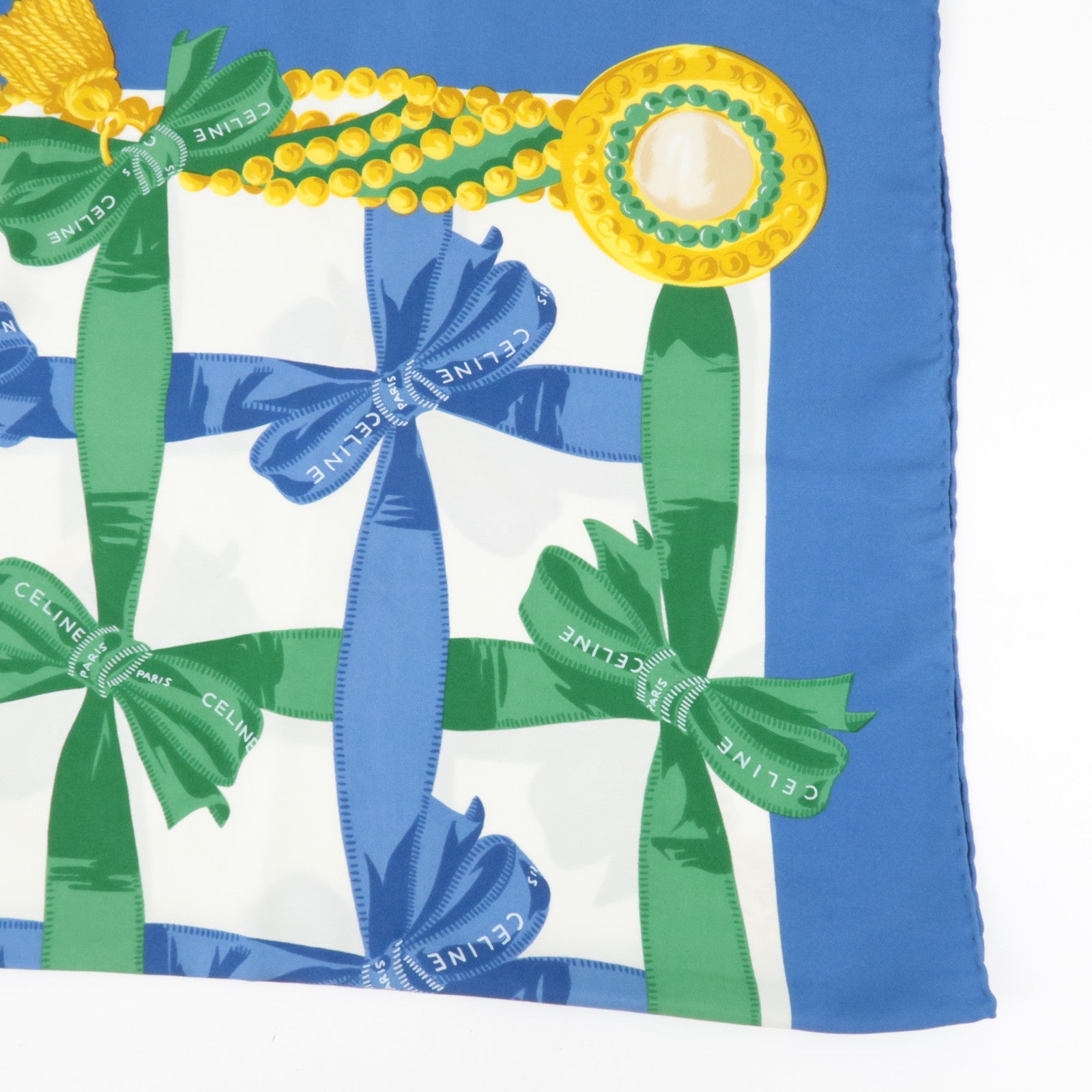 CELINE Ribbon Print Scarf 100% Silk Blue