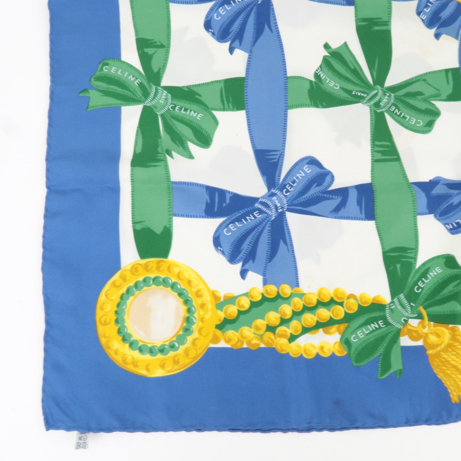 CELINE Ribbon Print Scarf 100% Silk Blue