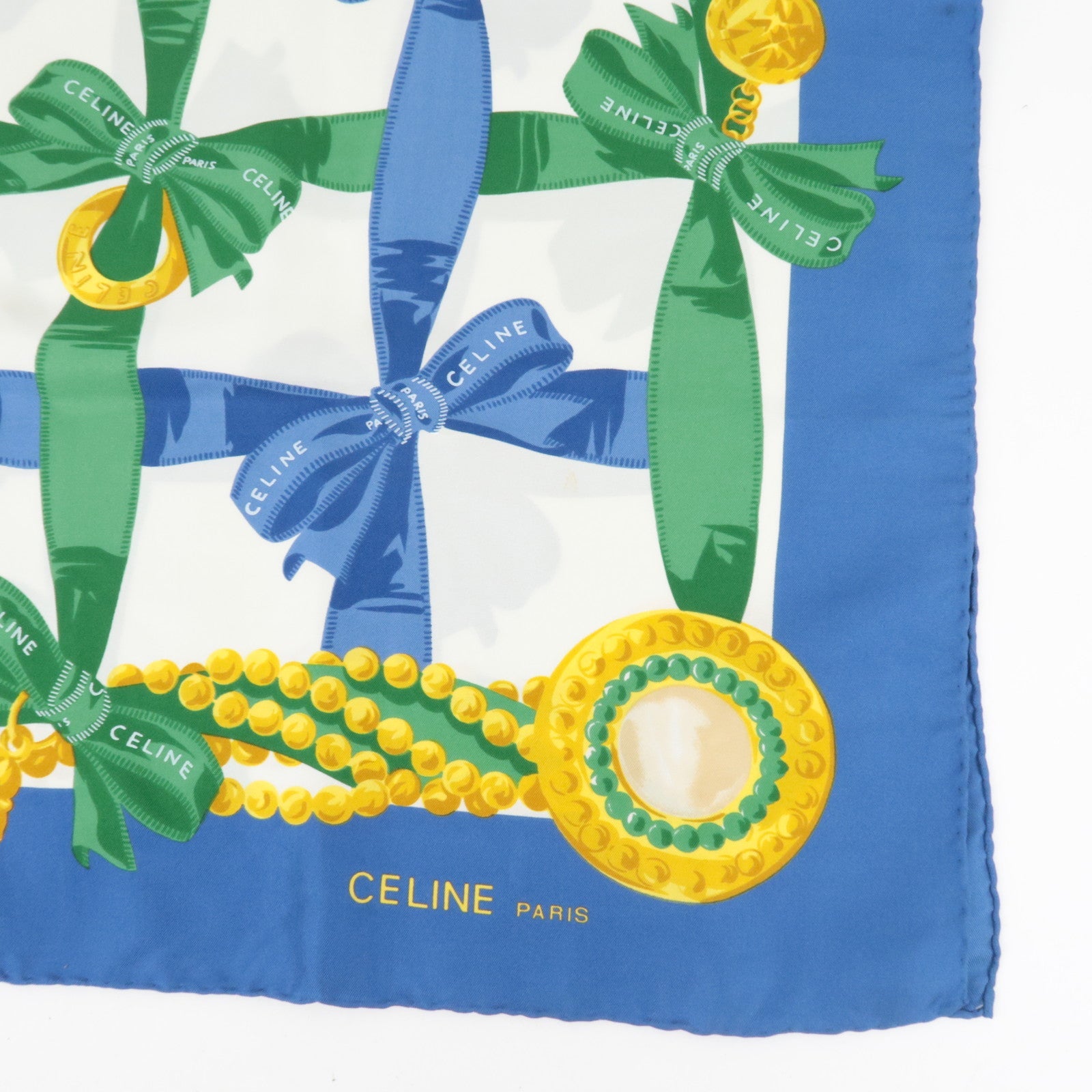 CELINE Ribbon Print Scarf 100% Silk Blue