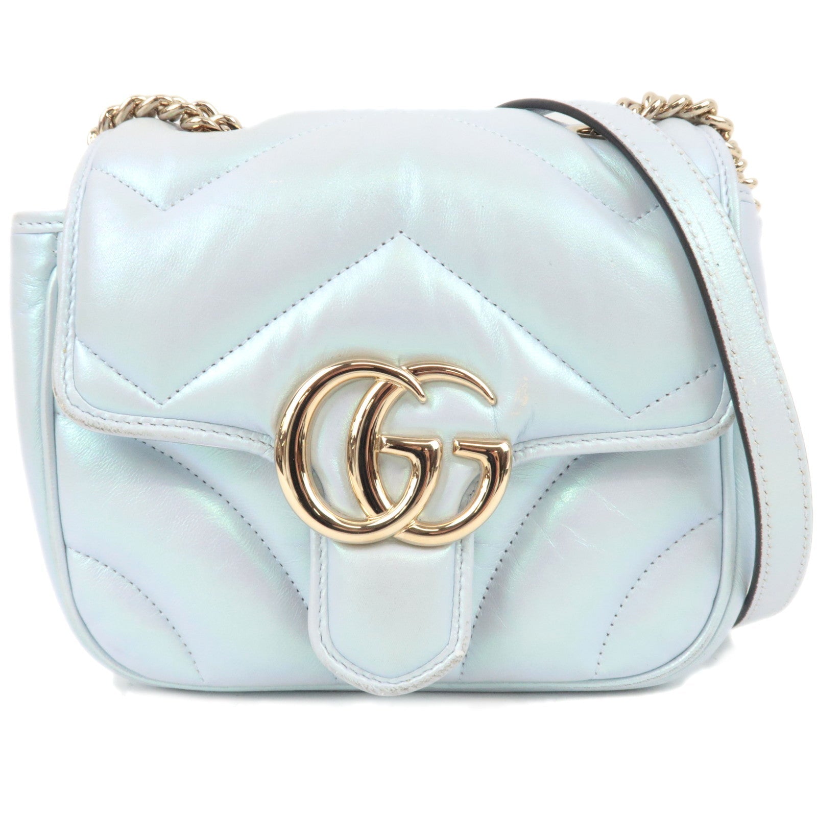 GUCCI GG Marmont Double Chain Leather Shoulder Bag Blue Aurora 73968283158