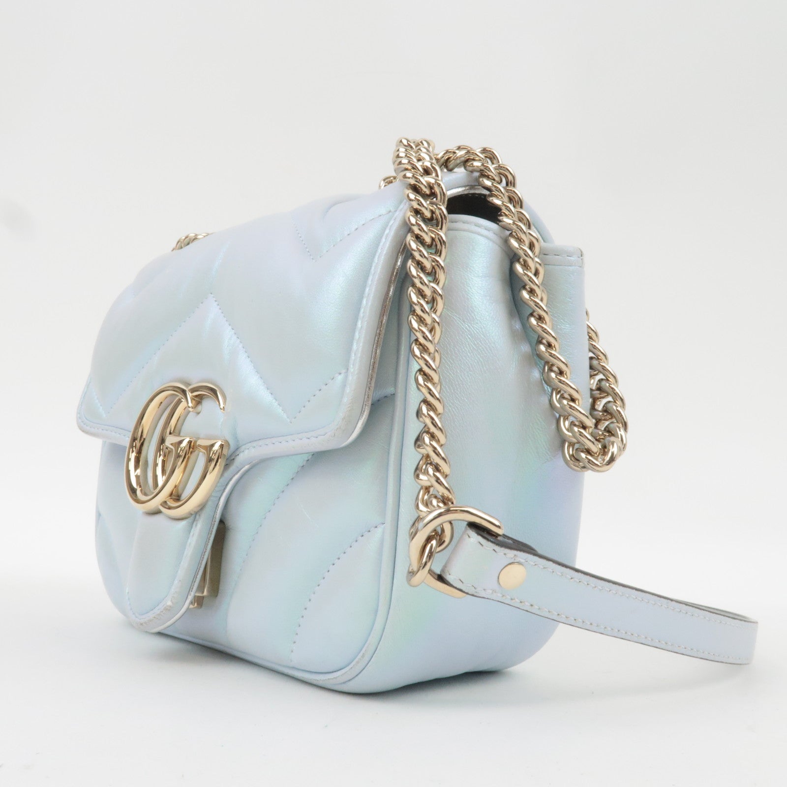 GUCCI GG Marmont Double Chain Leather Shoulder Bag Blue Aurora 739682