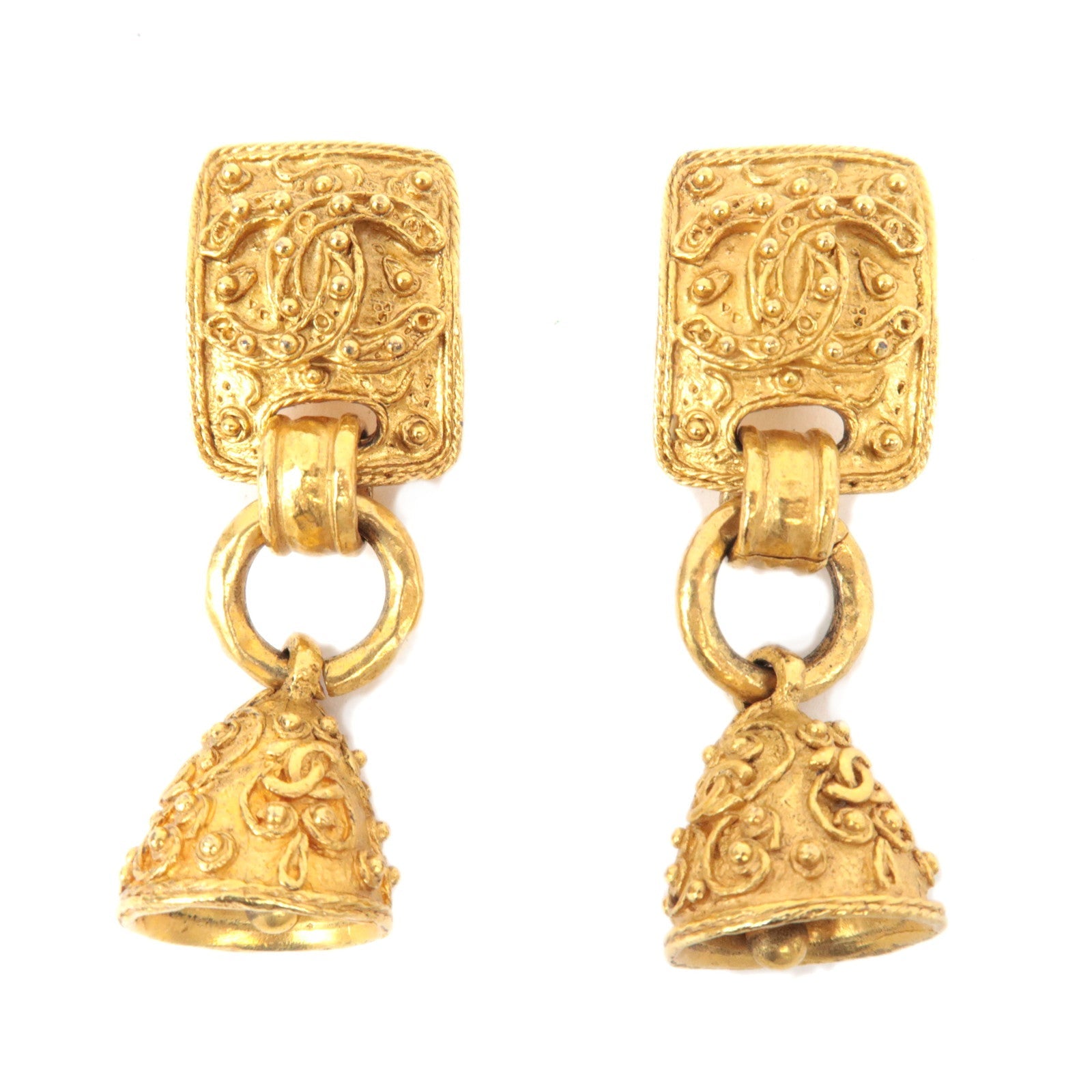 CHANEL Bell Shape Coco Mark Metal Vintage Earrings Gold 94A *Box83171