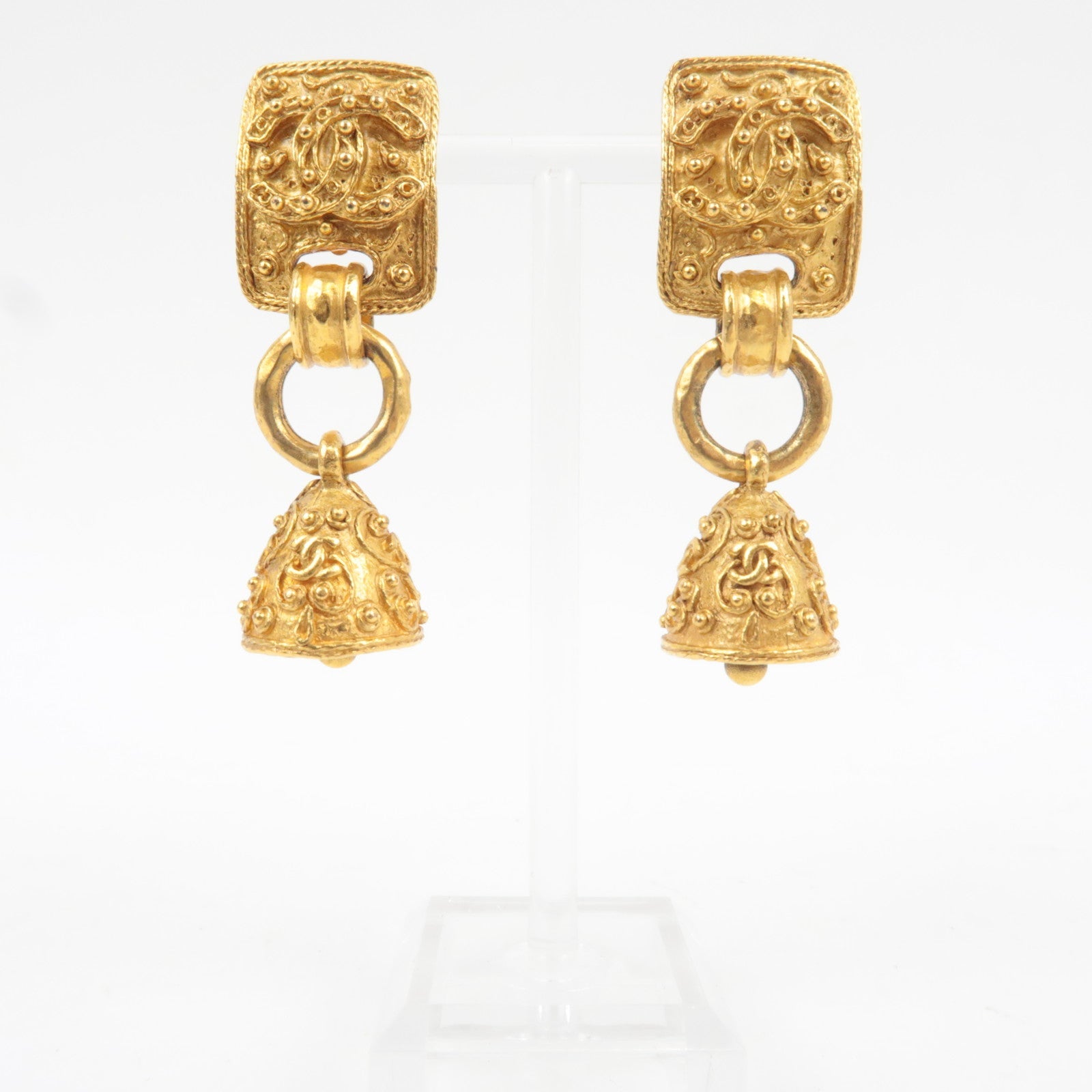 CHANEL Bell Shape Coco Mark Metal Vintage Earrings Gold 94A *Box