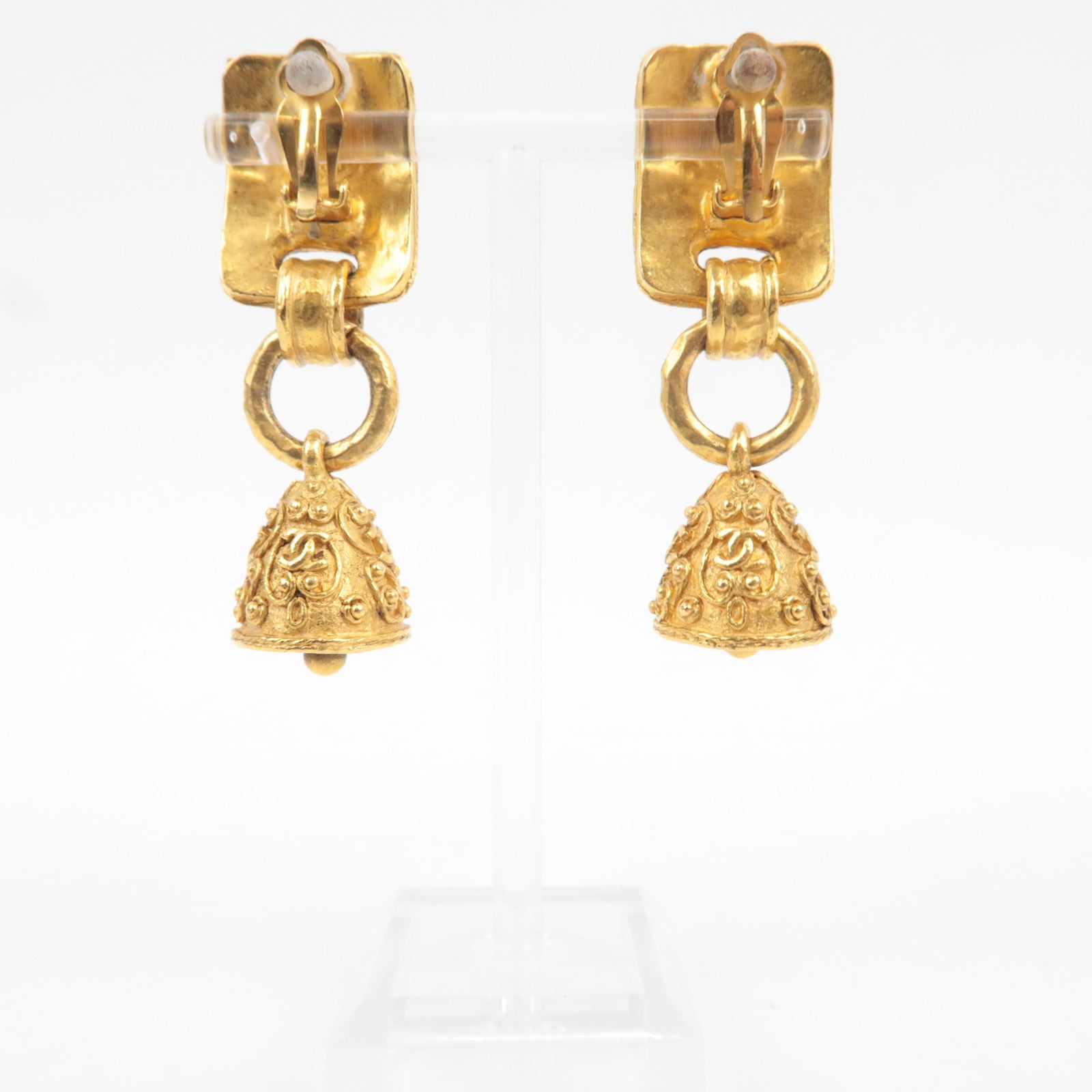 CHANEL Bell Shape Coco Mark Metal Vintage Earrings Gold 94A *Box