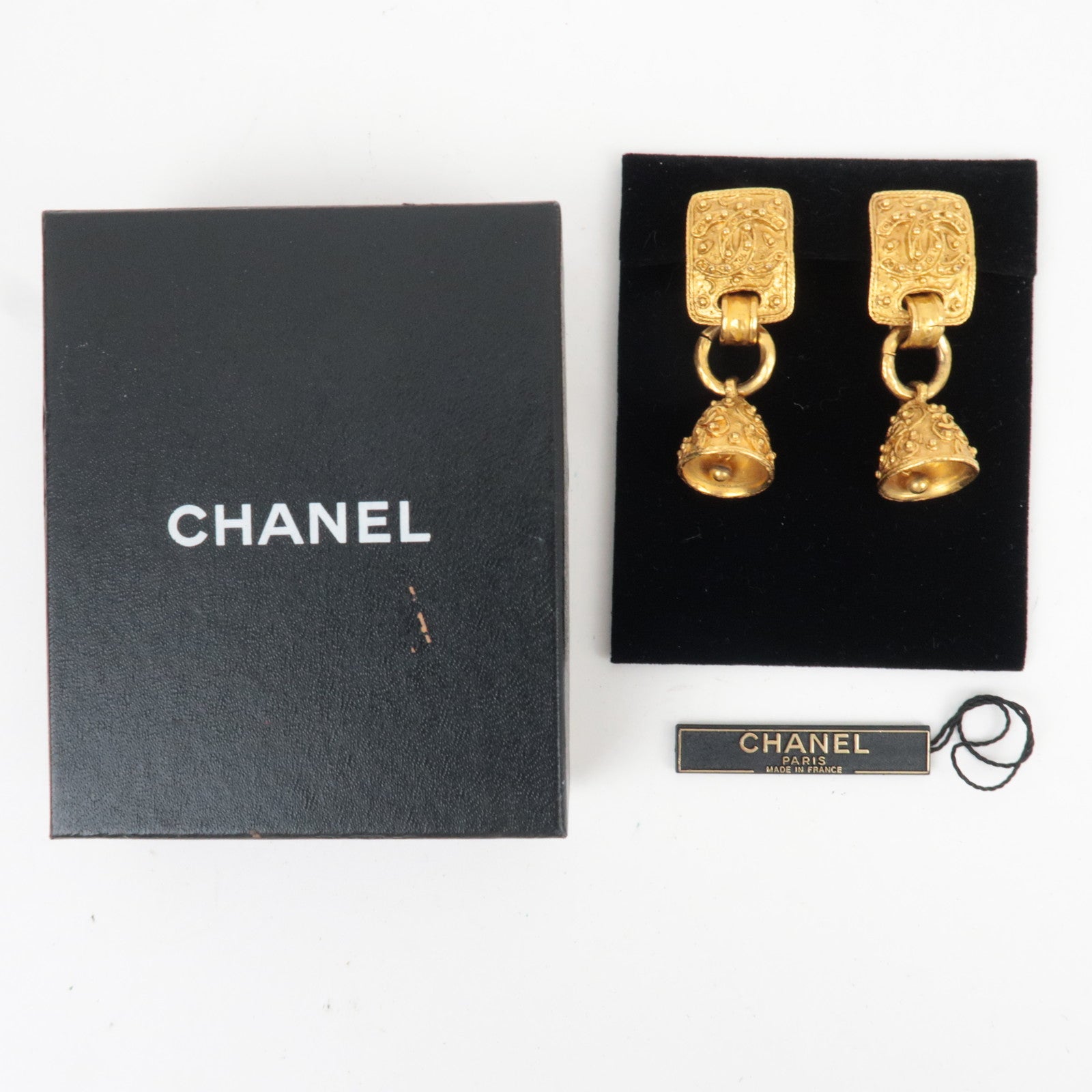 CHANEL Bell Shape Coco Mark Metal Vintage Earrings Gold 94A *Box