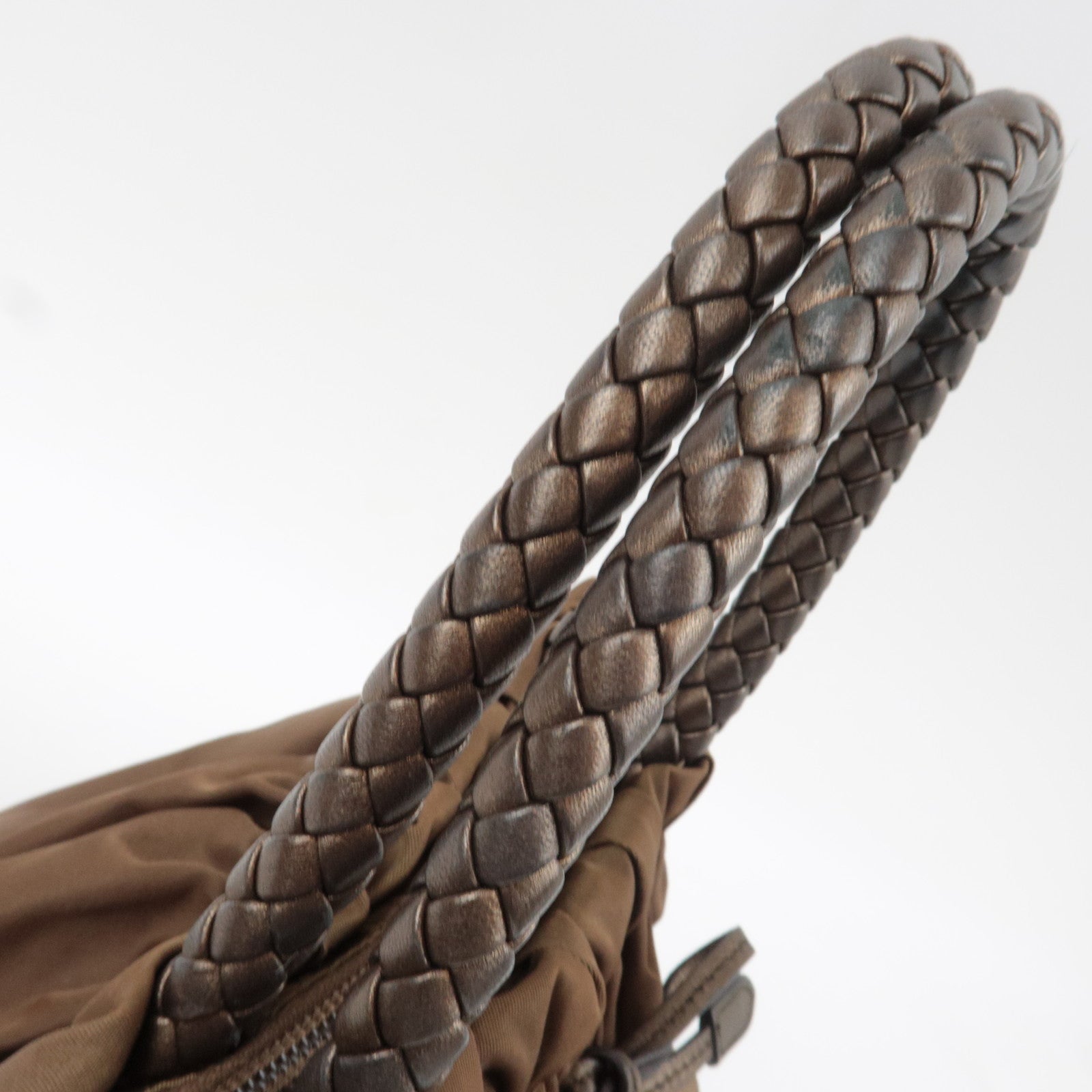 PRADA Ribbon Nylon Leather Handbag Brown